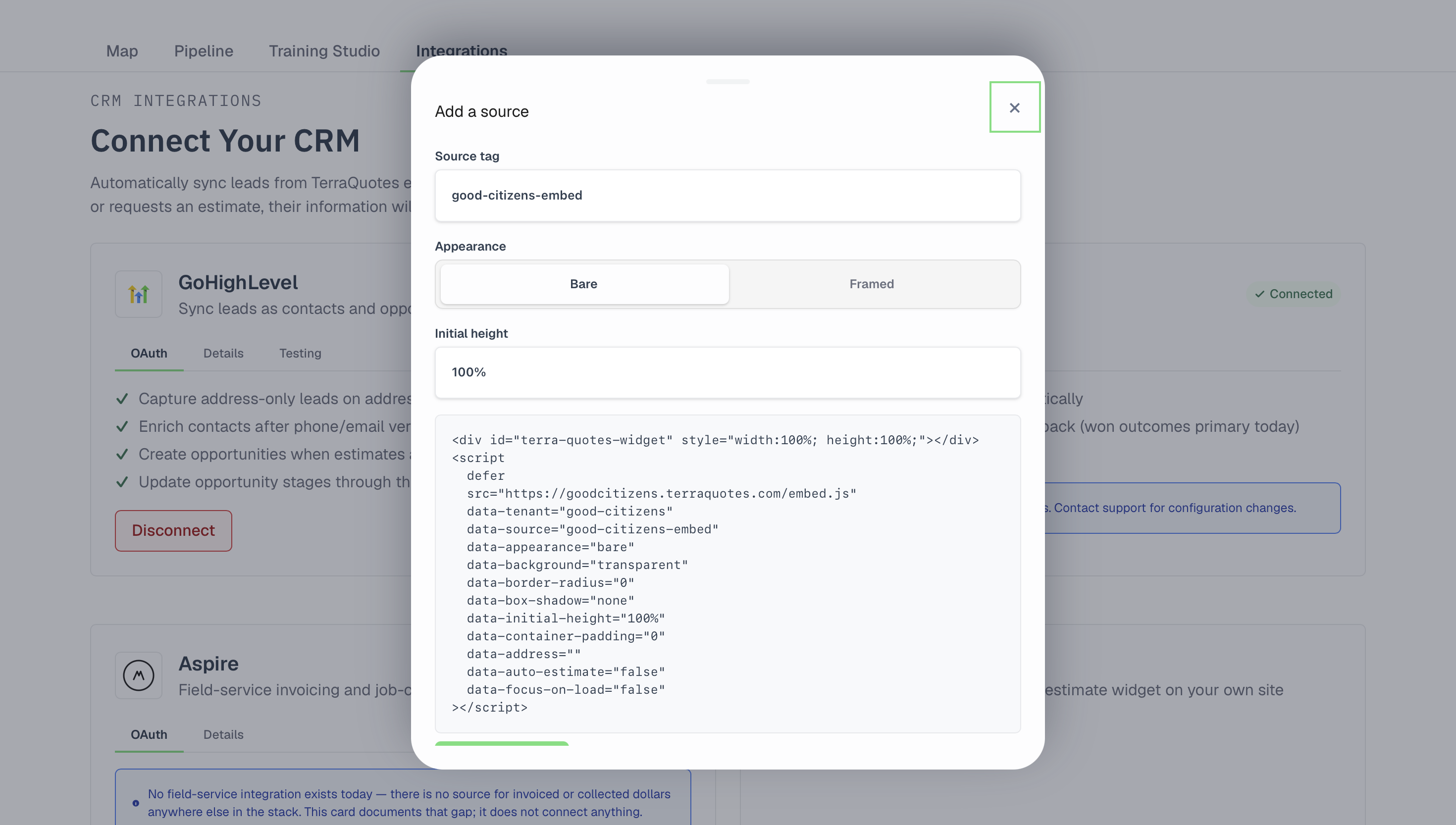 An Add a source dialog showing a source tag, a bare or framed appearance choice, an initial height, and the script tag to paste into a page.