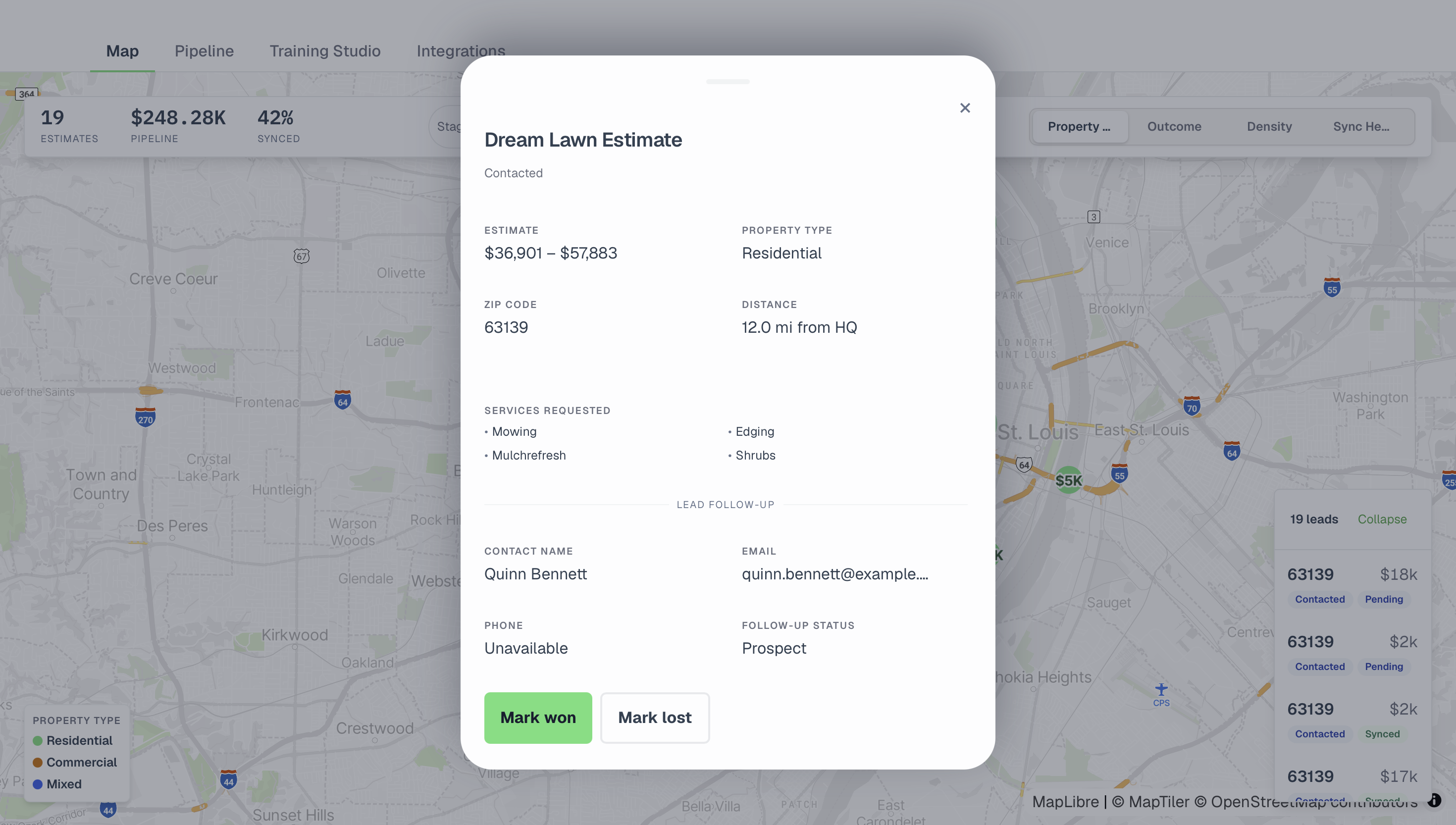 An estimate record opened over the map, headed Dream Lawn Estimate, showing a price range, residential property type, square footage, the service address, contact details, and Mark won and Mark lost actions.