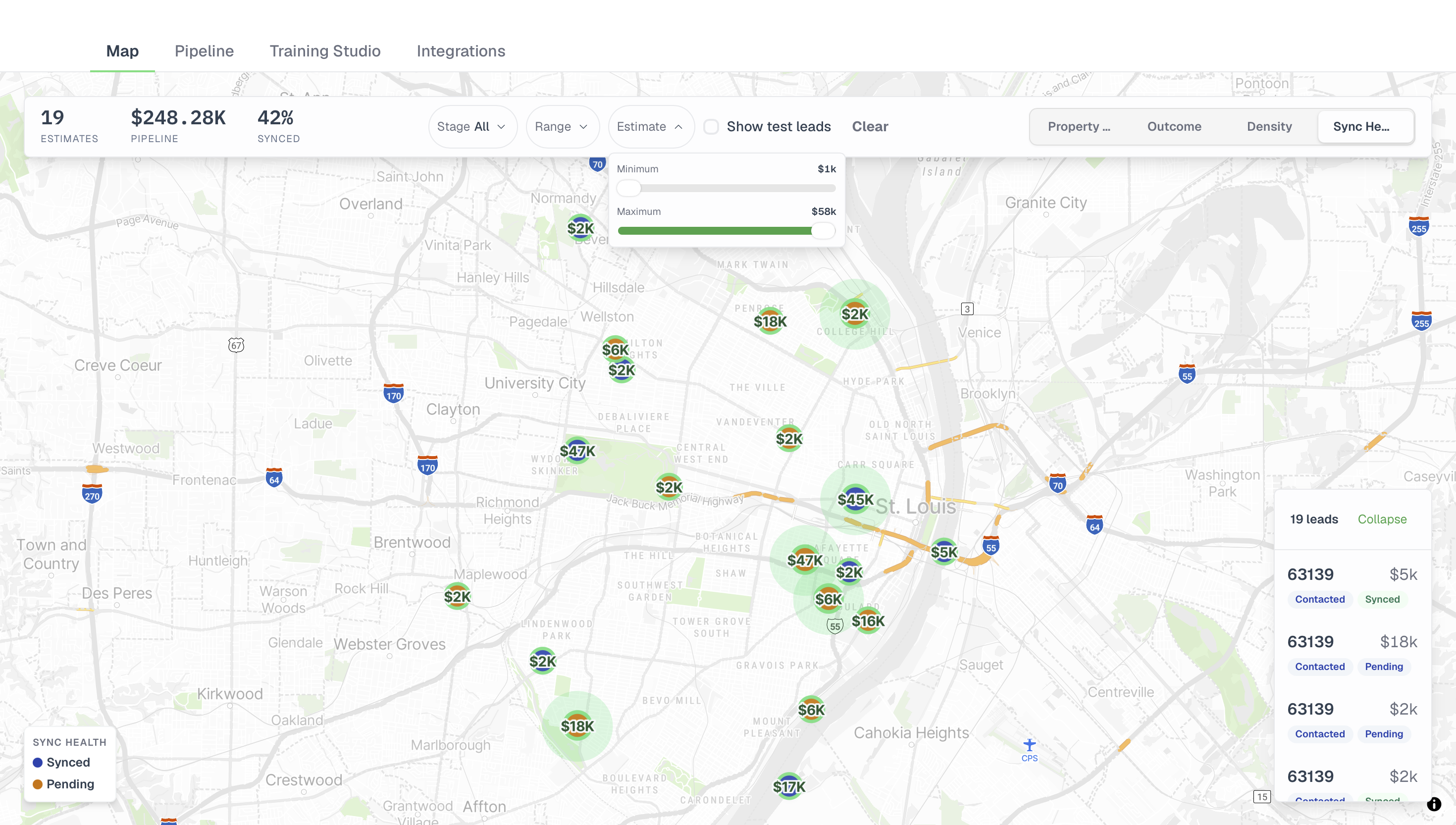 The same map zoomed into the city, clusters expanded into individual markers with counts, and a sync-health legend reading Synced and Pending.