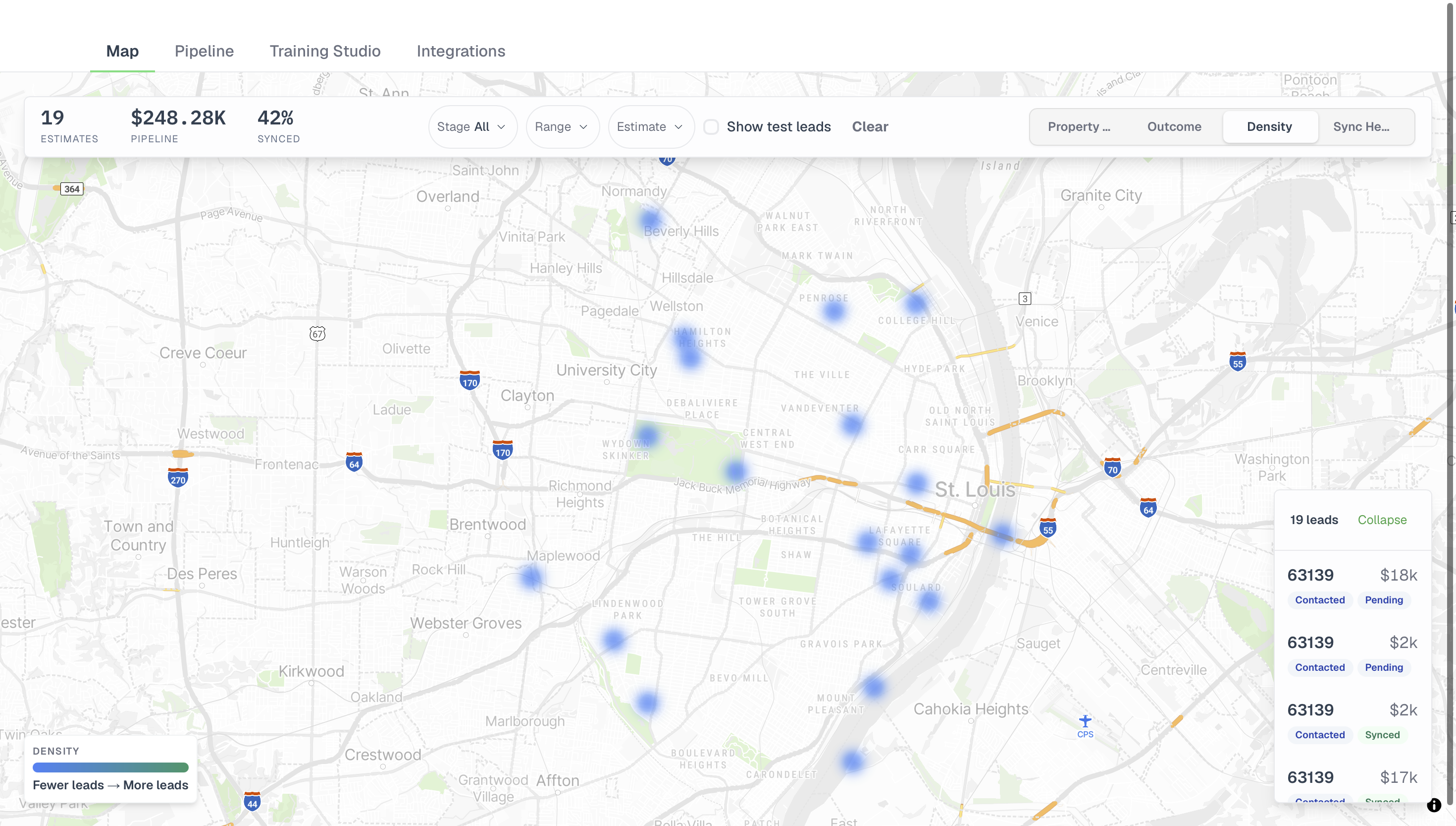 The map switched to a density layer, leads rendered as soft blue blooms over the street grid, with a legend running from fewer leads to more leads.