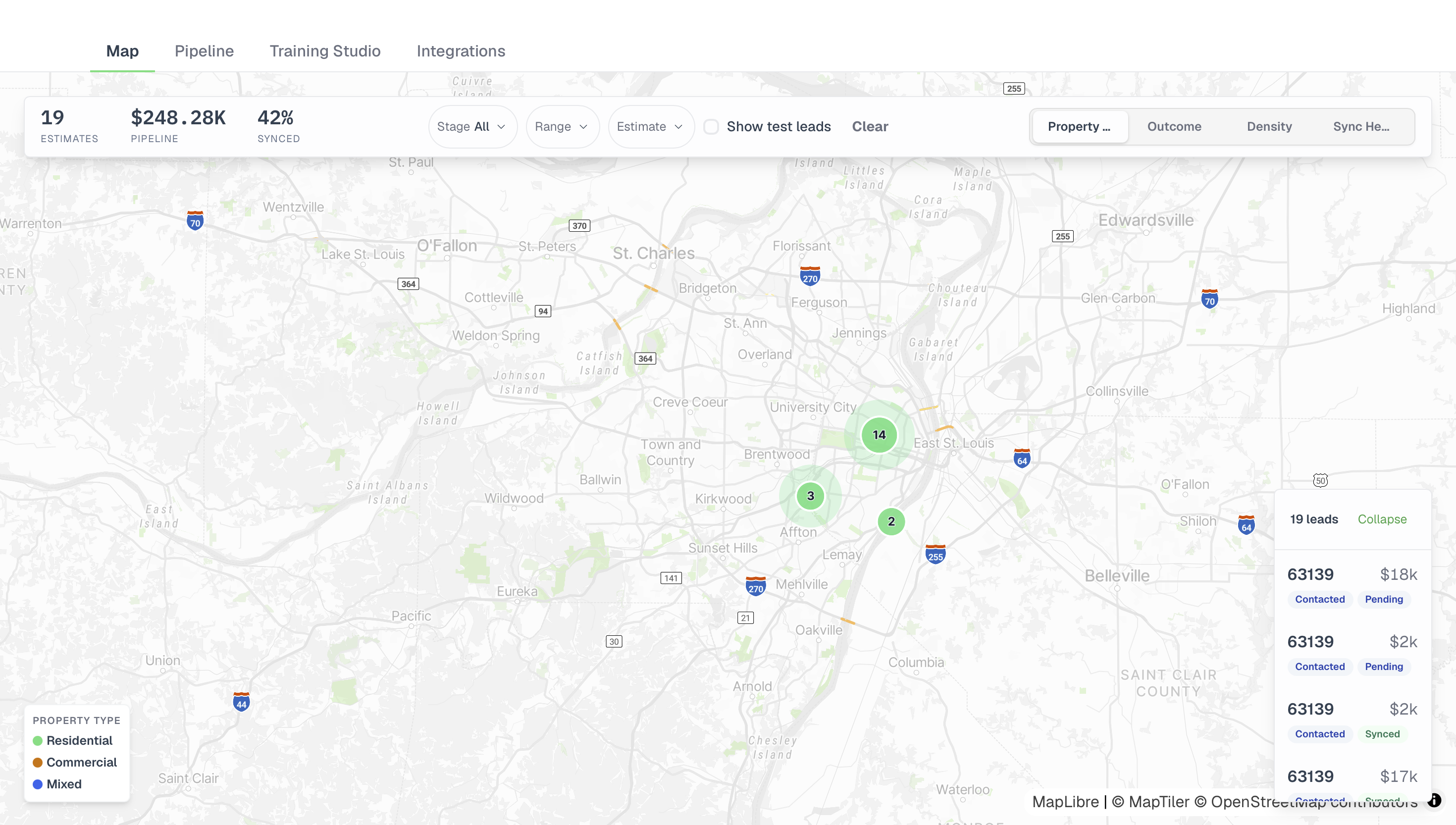 The map with nineteen leads plotted over greater St. Louis as green clustered markers, a counter row reading 19 estimates, $248.28K pipeline and 42% synced, and a right-hand list of leads with their ZIP, value, stage and sync state.