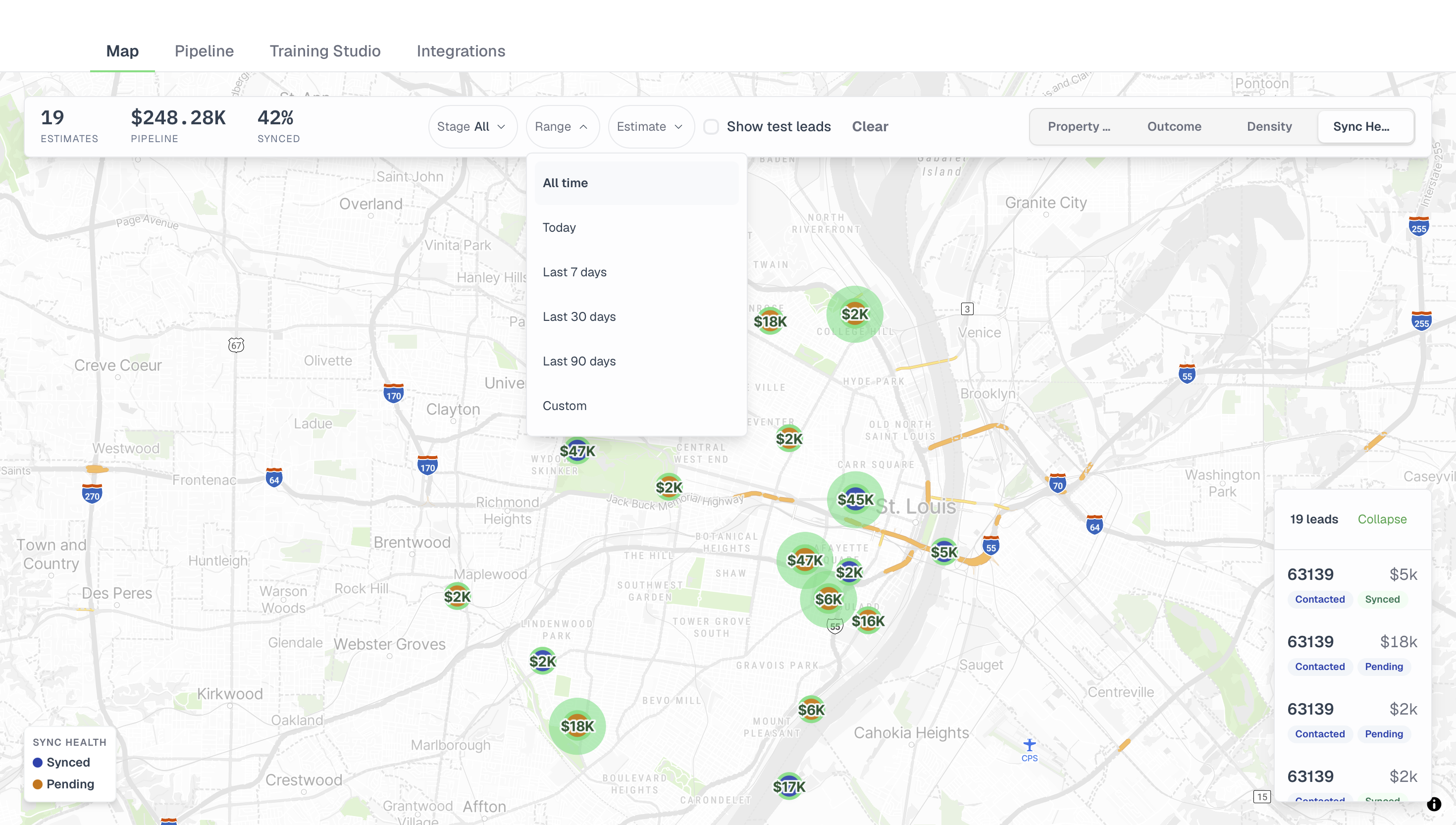 A date-range filter open over the map, offering All time, Today, Last 7 days, Last 30 days, Last 90 days and Custom.
