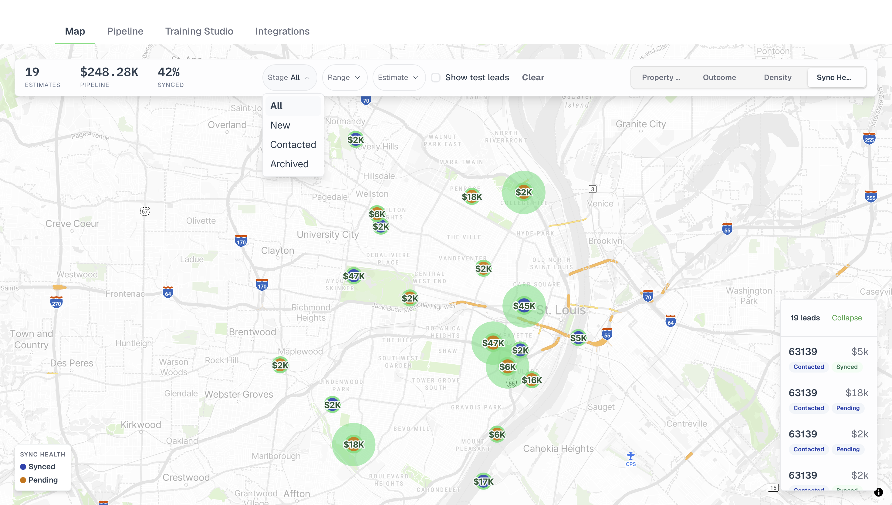 A stage filter open over the map, offering All, New, Contacted and Archived.
