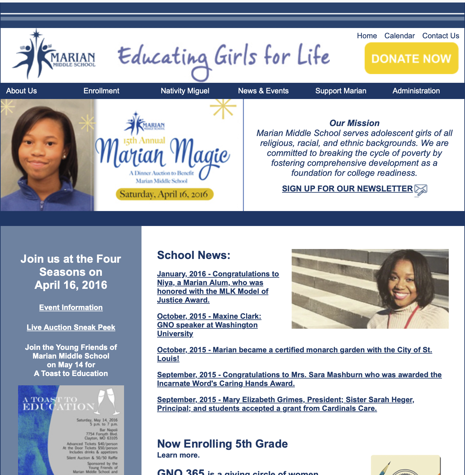 Marian Middle School website circa April 2016, captured in the Internet Archive before the Website 2.0 redesign
