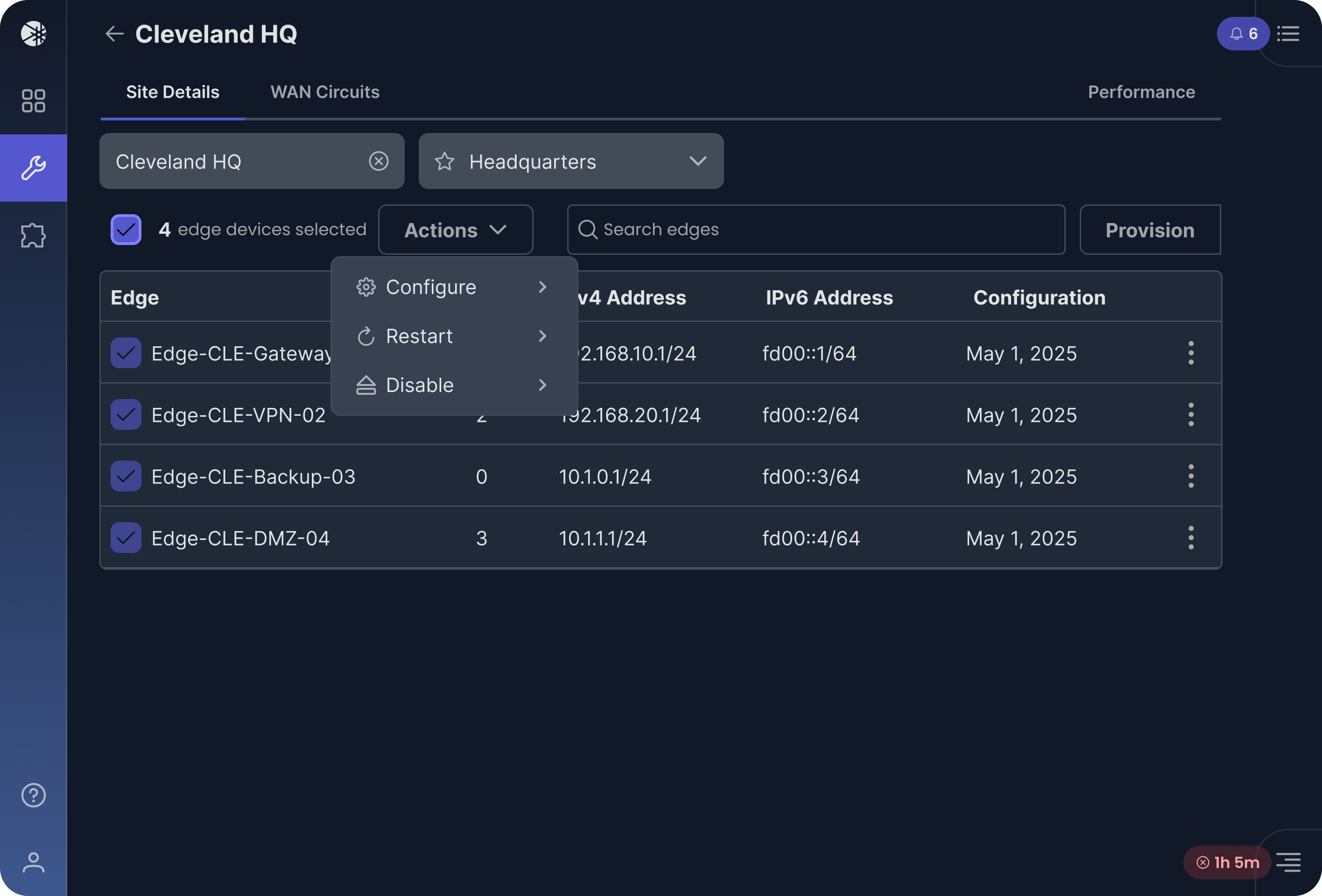 Cleveland HQ configuration view in dark mode with four edge devices selected and the Actions menu open over the table, offering Configure, Restart, and Disable, beside a search field and a Provision button.