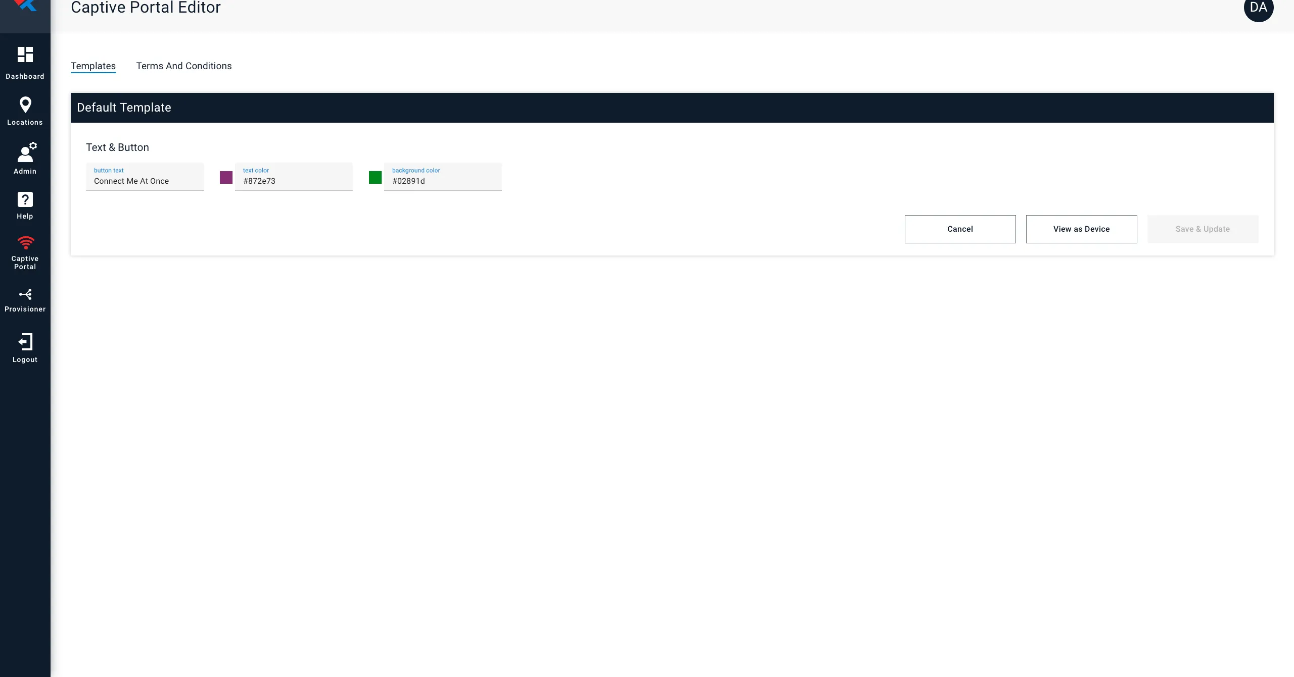 Captive Portal Editor with tabs for templates and terms and conditions, editing a default template's button text and colors, with a View as Device preview action.