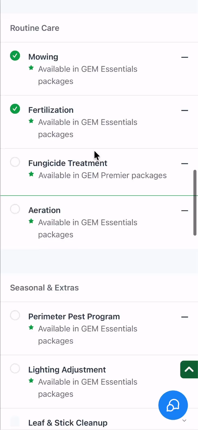 A phone recording: Customize & Enhance opens the Maintenance tab, routine care and irrigation extras are ticked and unticked, and the monthly maintenance line and Schedule consultation button stay at the bottom.