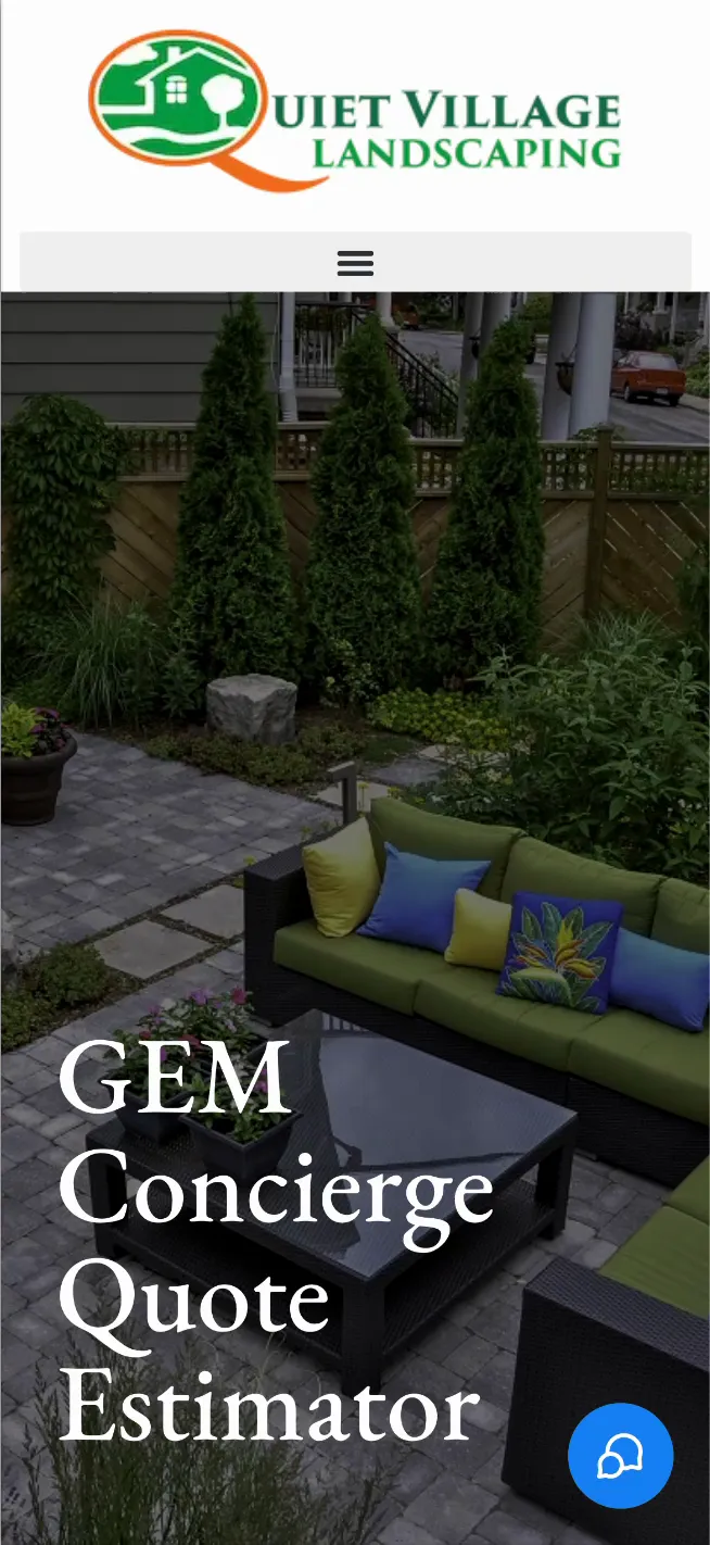 Quiet Village Landscaping's GEM Concierge Quote Estimator on a phone: the company logo over a photo of a finished patio, with the estimator's name set large.
