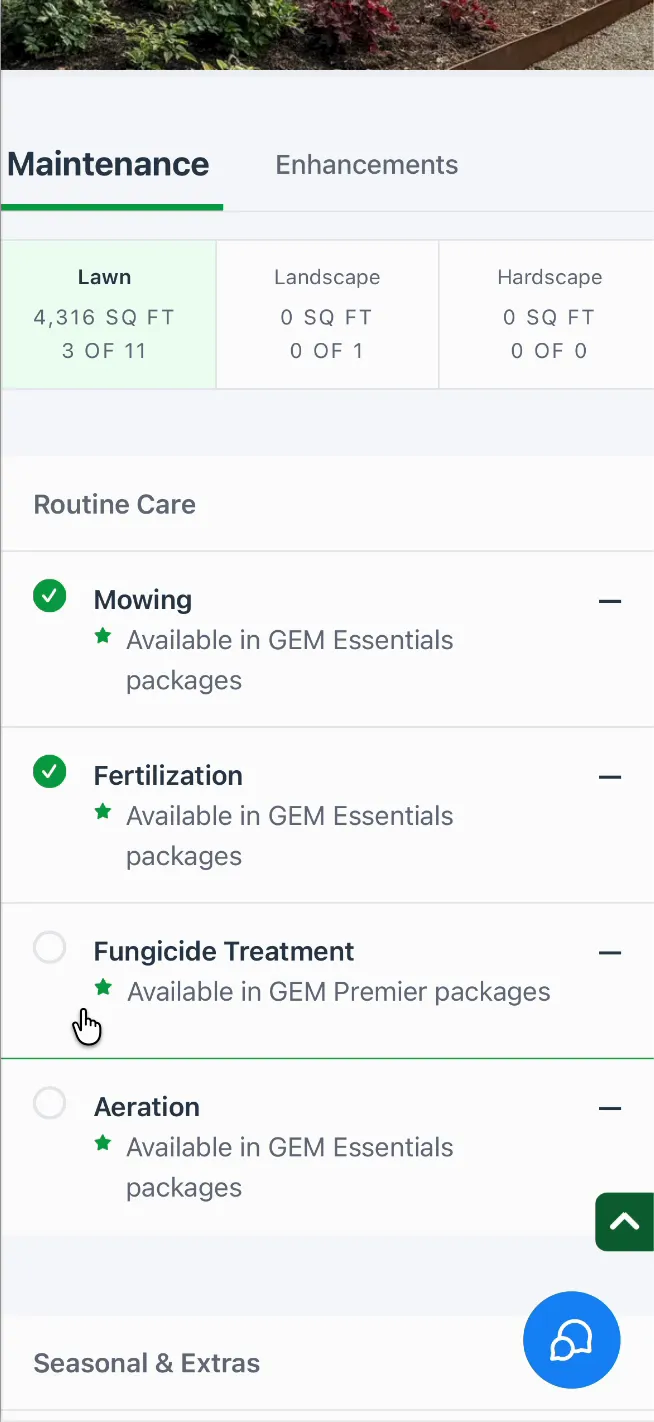 The Maintenance tab on a phone: tiles for Lawn at 4,316 sq ft, Landscape and Hardscape, then Routine Care with Mowing and Fertilization ticked, each marked as available in GEM Essentials packages.