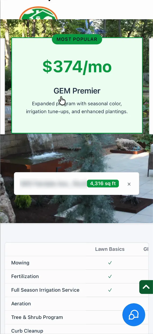 Plan cards on a phone: GEM Premier, marked Most Popular, at $374 a month, beside GEM Essentials at $295 a month. Below, the address bar carries a green tag reading 4,316 sq ft, and a table compares what each plan includes. The street address is blurred.