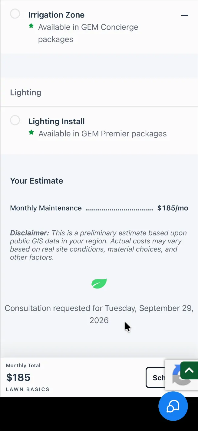 The end of the estimate on a phone: a green leaf and the line Consultation requested for Tuesday, September 29, 2026, with the monthly total of $185 for Lawn Basics pinned below.