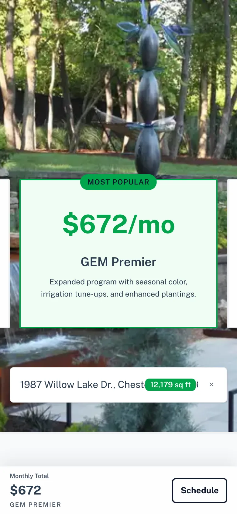 A phone showing GEM Premier marked most popular at $672/mo over the address 1987 Willow Lake Dr., Chesterfield, MO 63017 with a green 12,179 sq ft chip, and a pinned monthly total of $672.