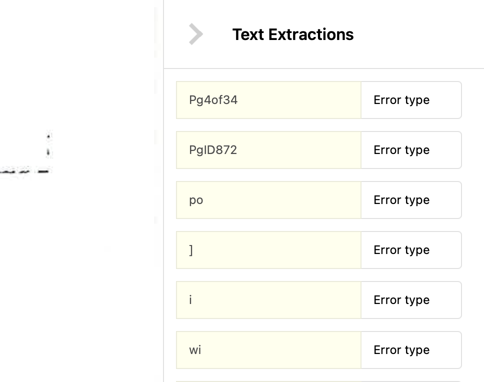 The correction panel headed Text Extractions, its rows holding raw OCR output such as Pg4of34, po, i and wi, each beside an error-type control, with the edge of the scanned document showing to its left.