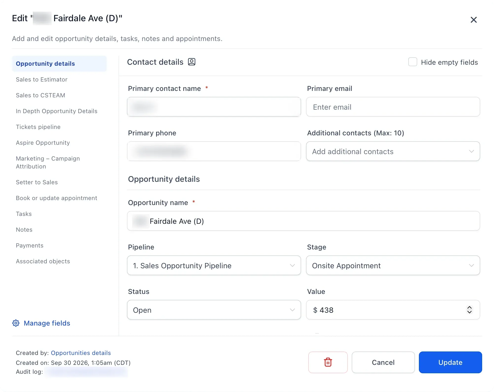 GoHighLevel: an opportunity named for the property on Fairdale Ave, in the Sales Opportunity Pipeline at the Onsite Appointment stage, status Open, valued at $438, the homeowner's monthly estimate. The contact's name and phone are blurred.