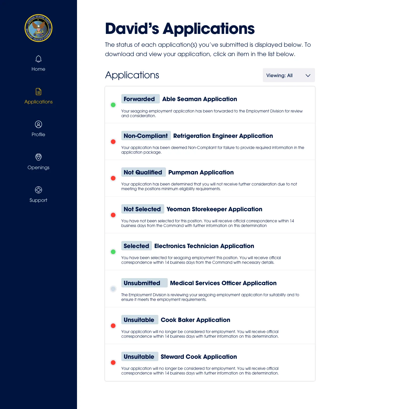 Diseño de la lista de solicitudes de un candidato de ejemplo: ocho solicitudes, cada una con una etiqueta de estado y un punto de color, Forwarded, Non-Compliant, Not Qualified, Not Selected, Selected, Unsubmitted y Unsuitable, y la frase que explica cada estado. Datos de ejemplo en el archivo de diseño, 2019.
