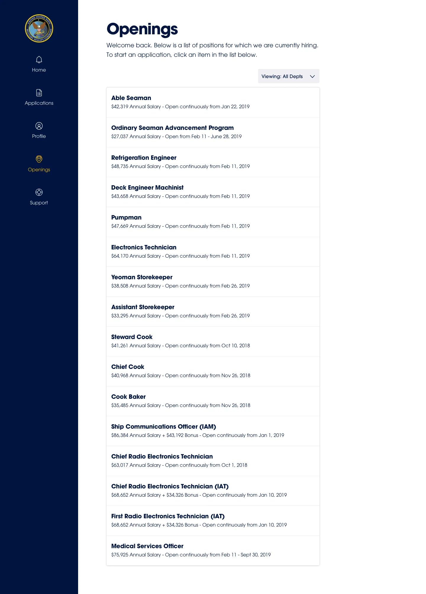 Diseño de la lista de Openings: dieciséis puestos a bordo, de Able Seaman a Medical Services Officer, cada uno con su salario anual, cualquier bono y las fechas en que está abierto, bajo un filtro por departamento. Vacantes de ejemplo en el archivo de diseño, 2019.
