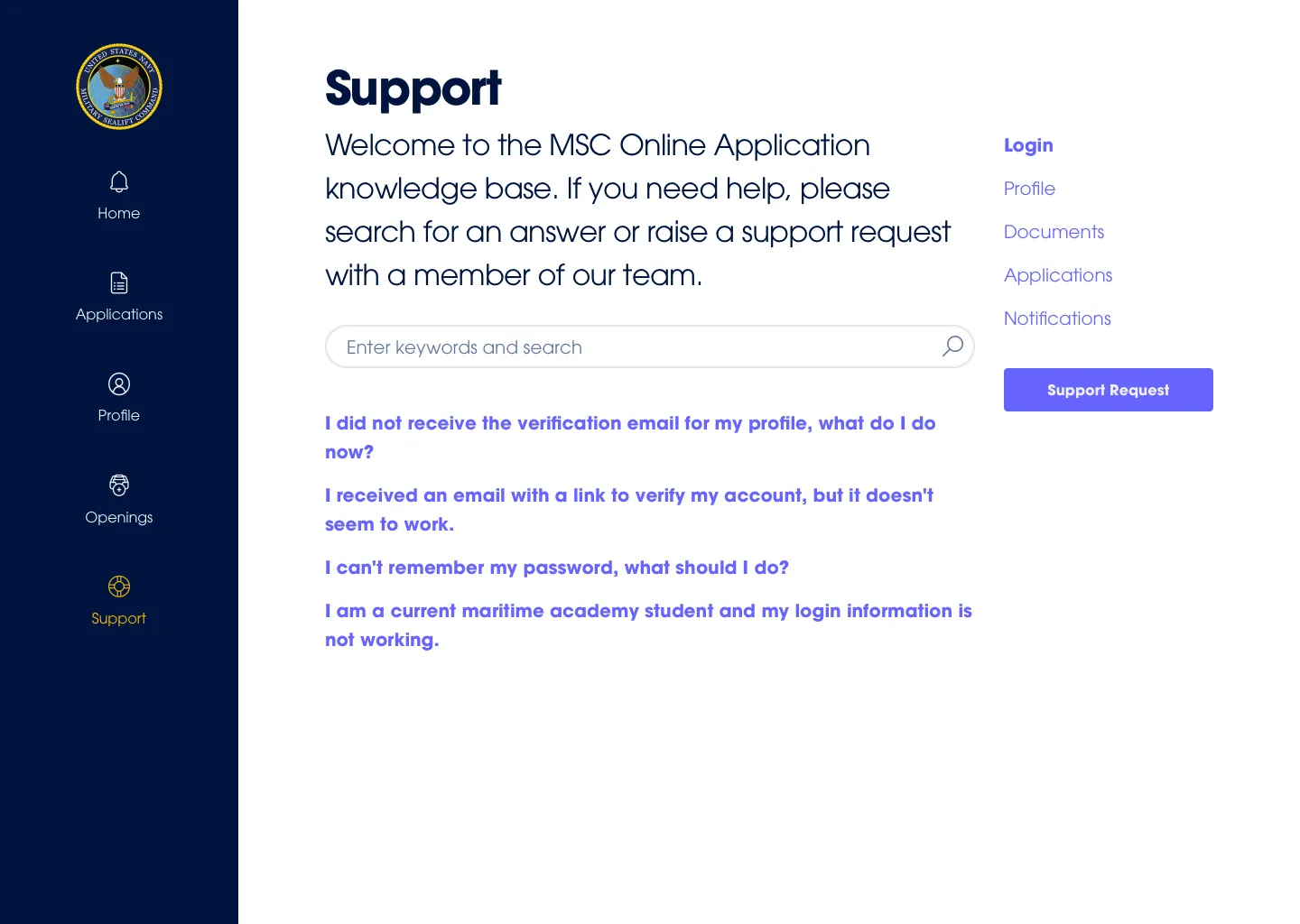Diseño de la página de Support: Welcome to the MSC Online Application knowledge base, un campo de búsqueda, cuatro preguntas frecuentes sobre el correo de verificación, los vínculos de la cuenta, las contraseñas y los estudiantes de academias marítimas, vínculos por tema y un botón Support Request. Archivo de diseño, 2019.