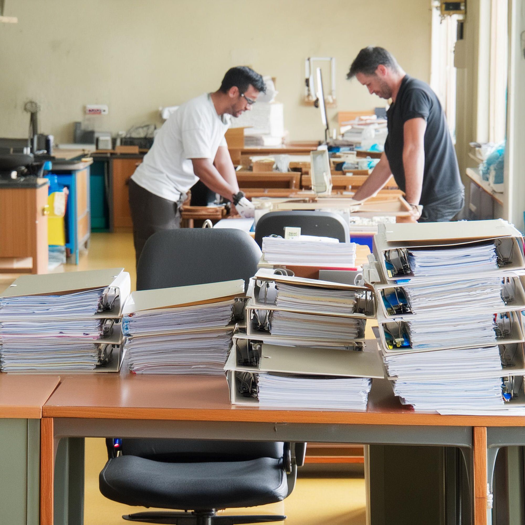 A records office: ring binders stuffed with paper stacked in rows across a long desk in the foreground, several of them split open under the weight, with two people working at benches further down the room behind them.
