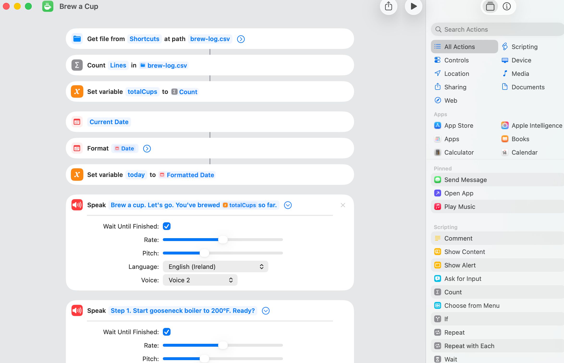 The Brew a Cup Shortcut open in the macOS Shortcuts editor: it counts brew-log.csv lines into totalCups, then speaks each of the nine brew steps aloud, starting with the gooseneck boiler at 200°F
