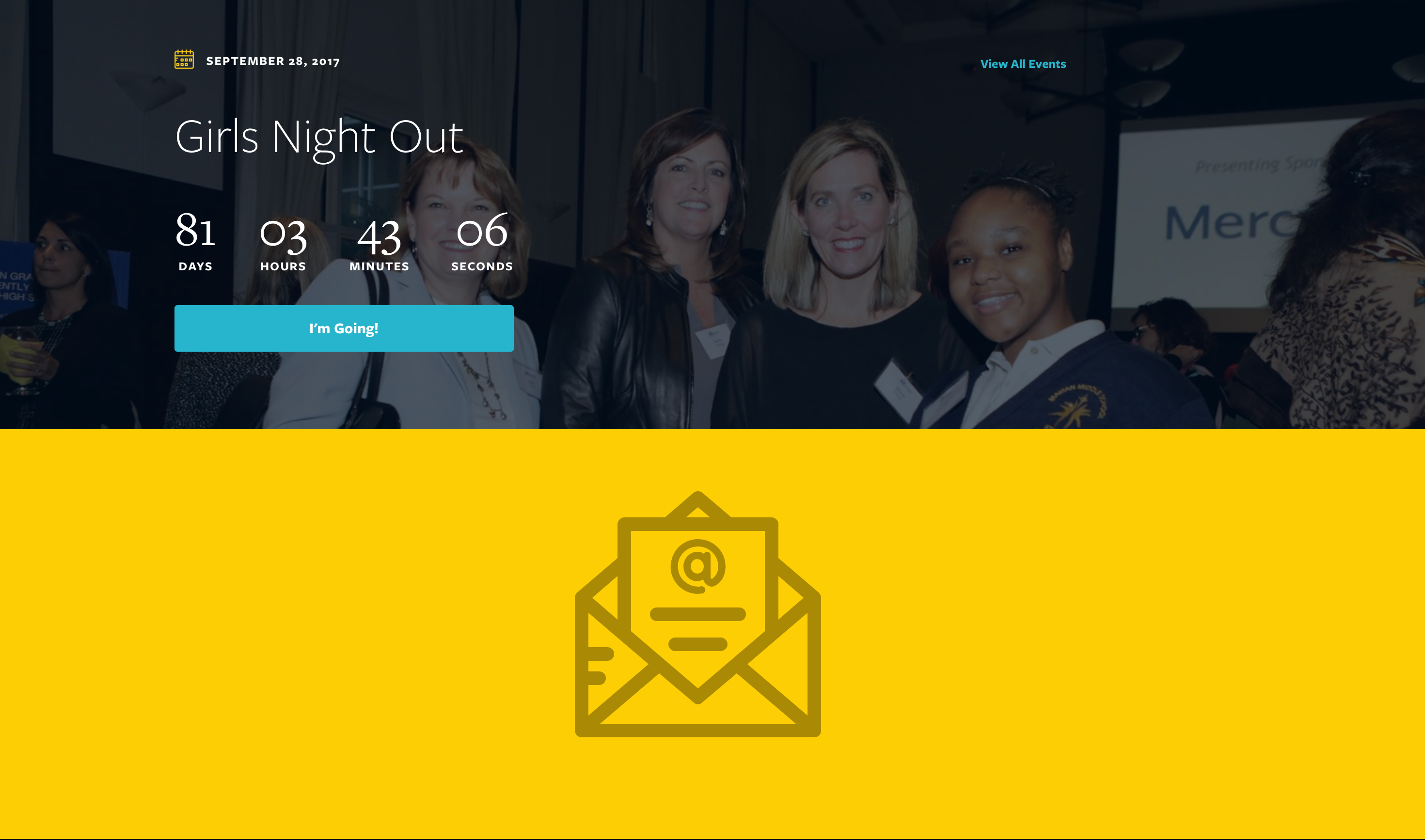 Event engagement page: a Girls Night Out fundraiser countdown at 81 days, 03 hours, 43 minutes, 06 seconds, an I'm Going call-to-action, and an email newsletter capture section below