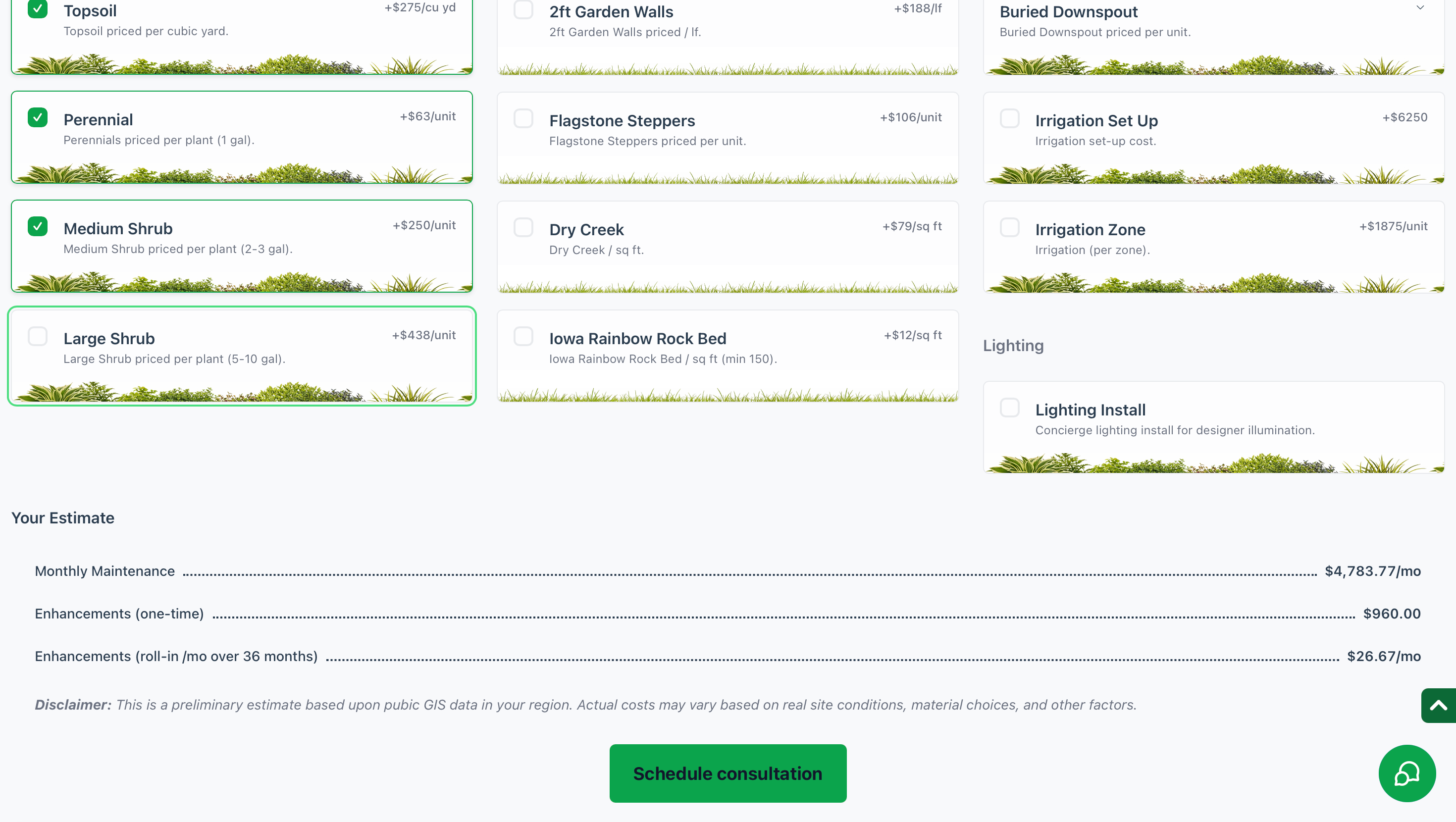 The same estimator scrolled to Your Estimate: Monthly Maintenance $4,783.77/mo, Enhancements one-time $960.00, Enhancements roll-in $26.67/mo over 36 months