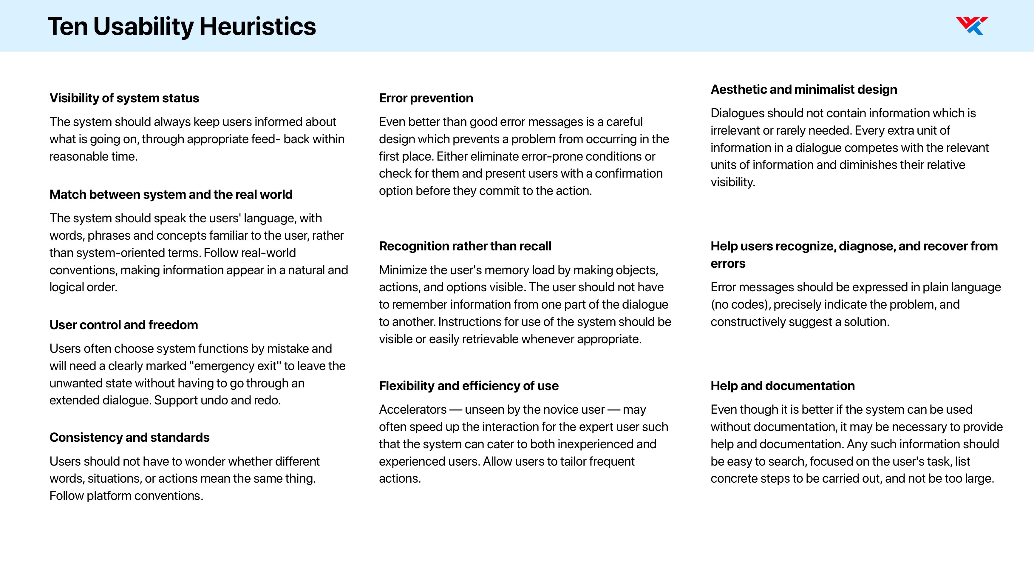 Reference page setting out Jakob Nielsen’s ten usability heuristics in three columns; visibility of system status, match between system and the real world, user control and freedom, consistency and standards, error prevention, recognition rather than recall, flexibility and efficiency of use, aesthetic and minimalist design, help users recognize diagnose and recover from errors, and help and documentation, each with its full definition.