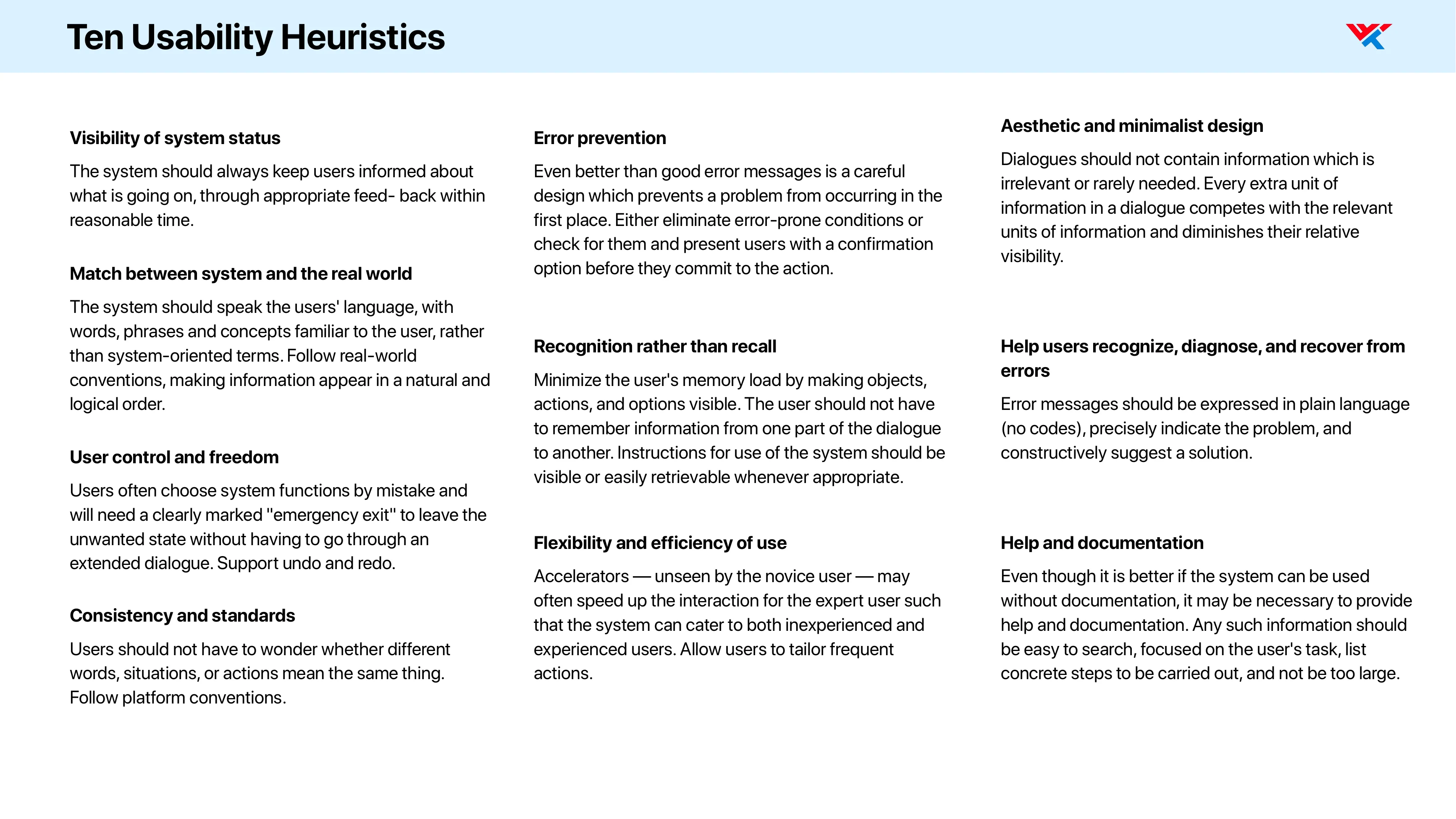 Reference page setting out Jakob Nielsen’s ten usability heuristics in three columns; visibility of system status, match between system and the real world, user control and freedom, consistency and standards, error prevention, recognition rather than recall, flexibility and efficiency of use, aesthetic and minimalist design, help users recognize diagnose and recover from errors, and help and documentation, each with its full definition. From the evaluation report I kept. It's a published checklist, not a measurement; what it gave us is that three reviewers were looking for the same ten things.