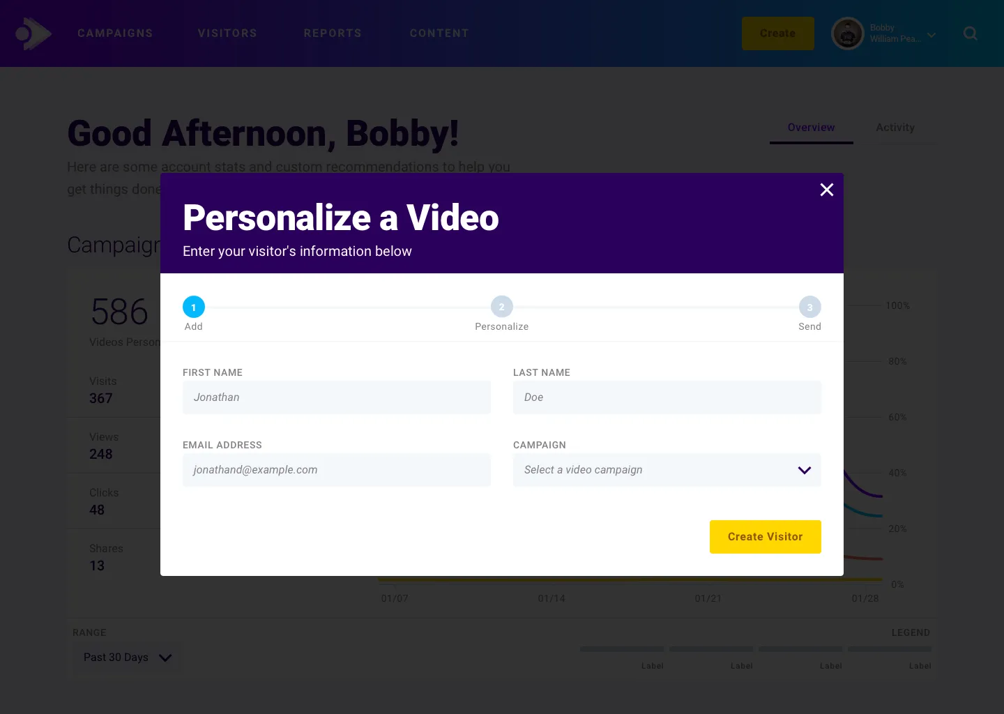 Personalize a Video modal, step one of three: Add. Fields for the visitor's first name, last name, and email address, a campaign selector, and a Create Visitor button, over the dimmed dashboard. The product UI as designed in 2019.