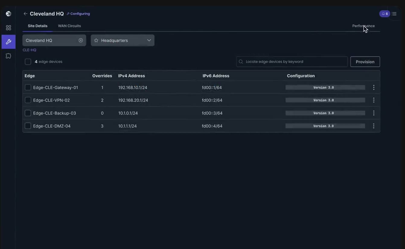 In the Cleveland HQ device table, four edge devices are checked, the Actions menu opens a configuration panel with connection profile and security posture fields, and Push Update applies the change with a confirmation.