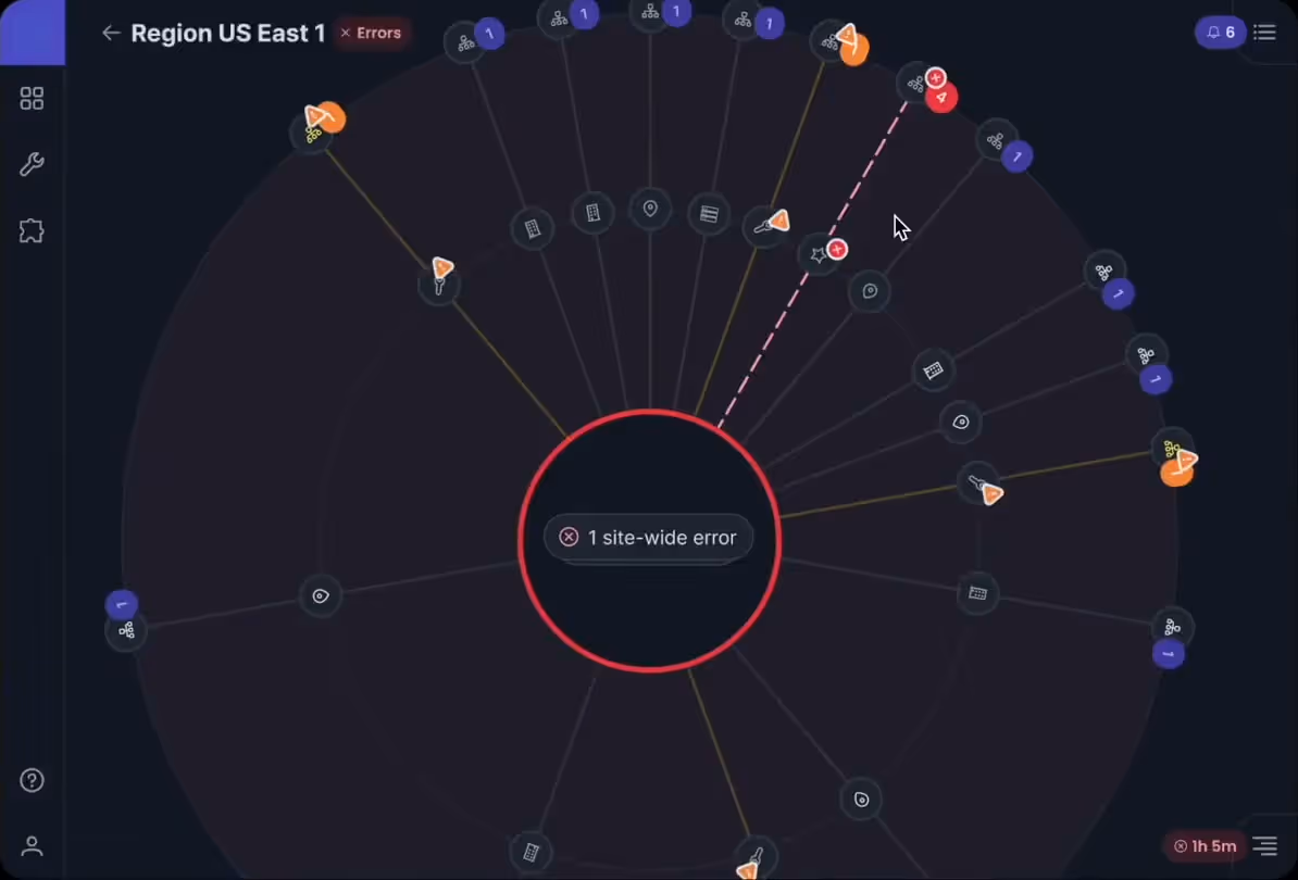 The redesigned portal in one pass: the region map with a flagged problem, then a headquarters site with an Edge 2 is offline alert, then that edge device's status, routes and settings.