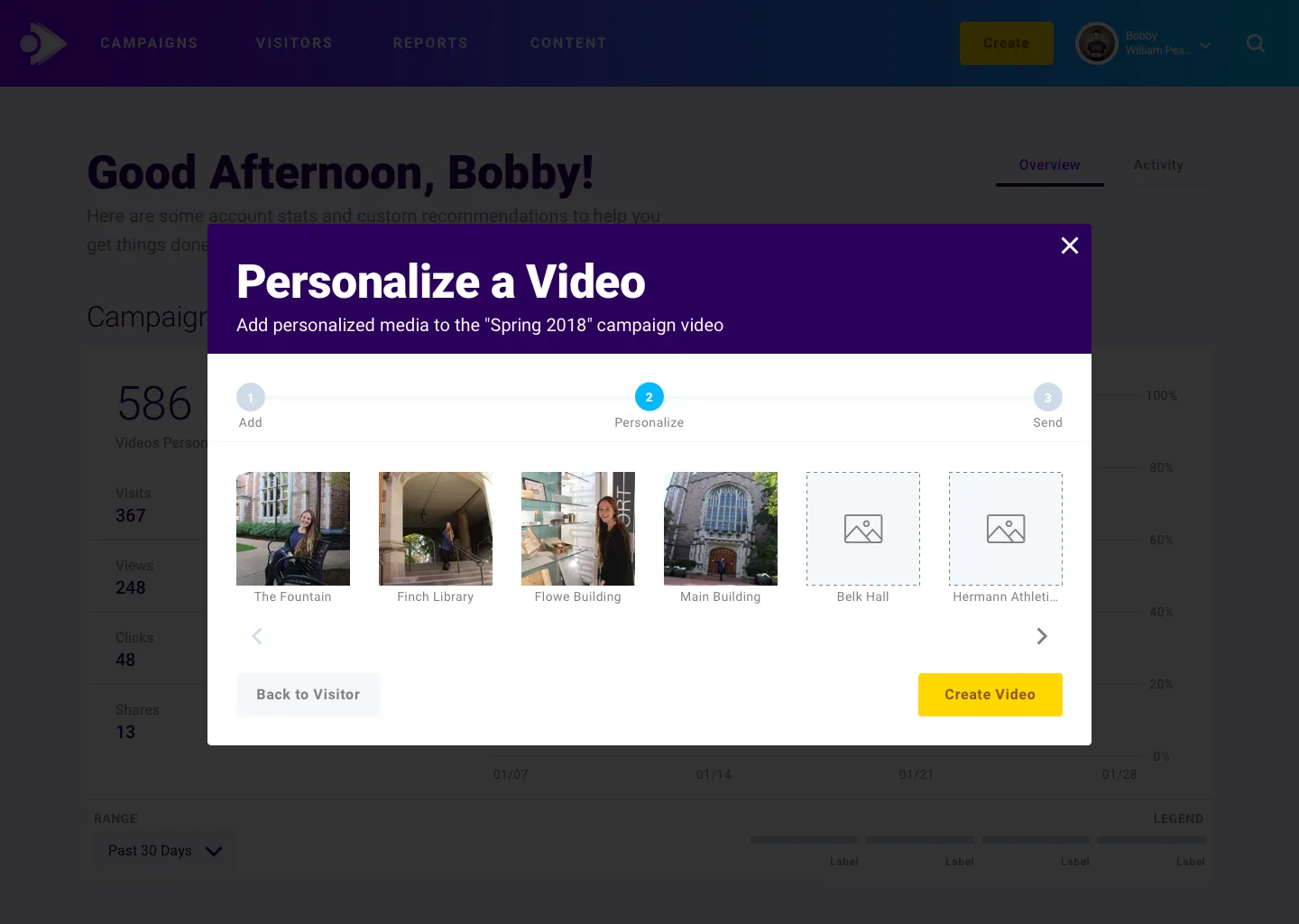 Personalize a Video modal, step two: a row of campus photo tiles (The Fountain, Finch Library, Fornes Building, Main Building), with empty add-photo slots and a Create Video button, for adding personalized media to the Spring 2018 campaign video.