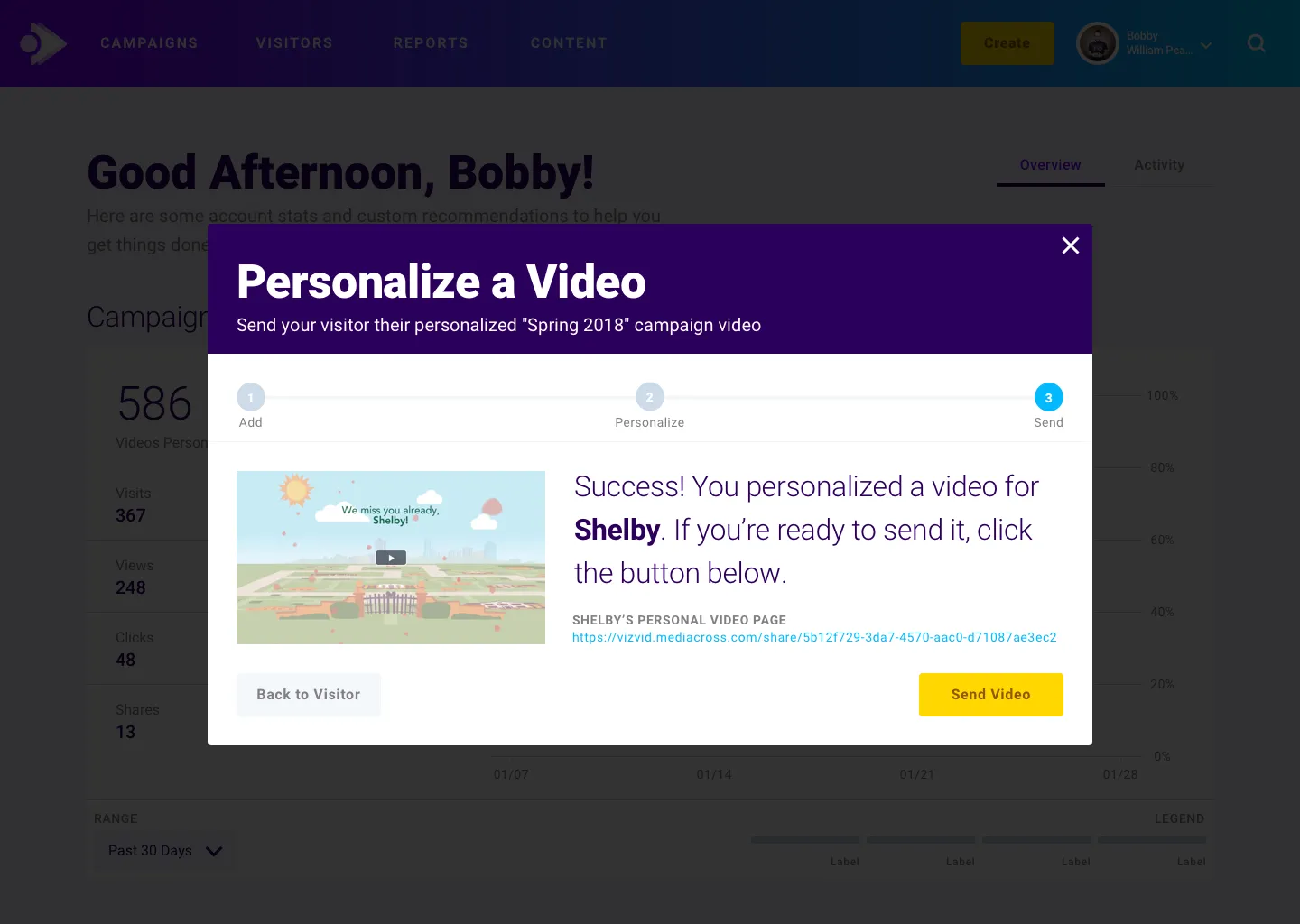 Personalize a Video modal, step three: Success! You personalized a video for Shelby, a thumbnail of her video, her personal video page URL, and a Send Video button.