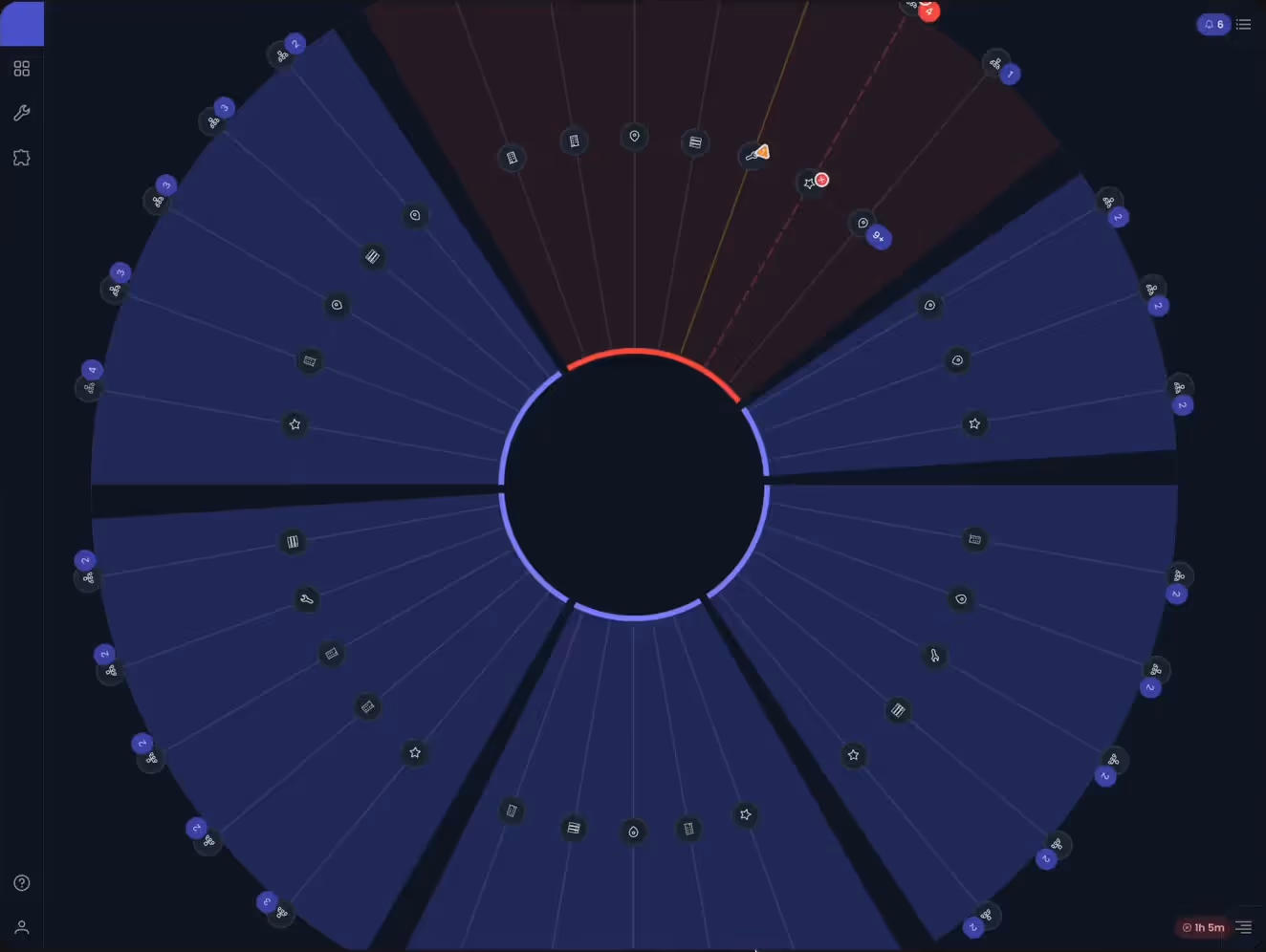 On the radial Region US East 1 topology, a red segment shades a group of sites; the cursor moves across sites and edge devices in the segment, surfacing their status, then settles on the affected edge. A recording of screens rebuilt for this site with PrimeVue, the component library the team chose, not of the real portal, which shipped in 2024.