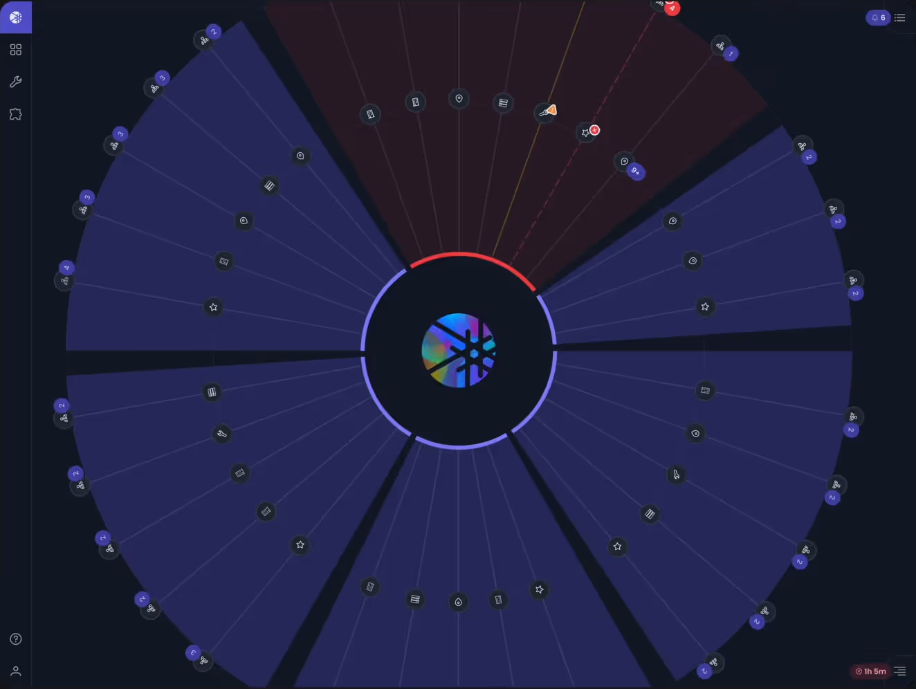 On the radial Region US East 1 topology, a red segment shades a group of sites; the cursor moves across sites and edge devices in the segment, surfacing their status, then settles on the affected edge. A recording of screens rebuilt for this site with PrimeVue, the component library the team chose, not of the real portal, which shipped in 2024. Rebuilt for this site.