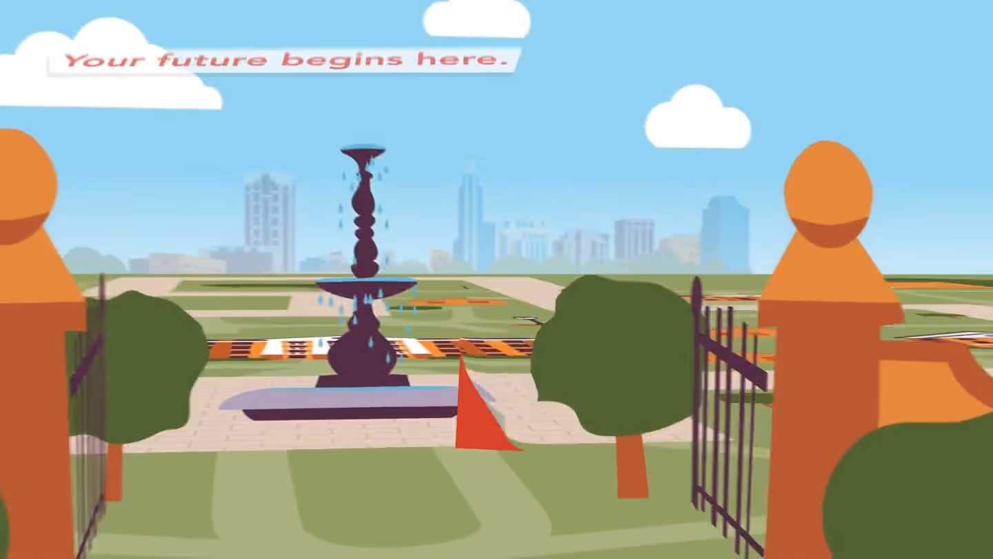 An animated personalized video for William Peace University in Raleigh, NC: an illustrated campus scene greets Shelby by name (We miss you already, Shelby!), then walks through campus moments before closing on the WPU wordmark. Muted and compressed for the web.