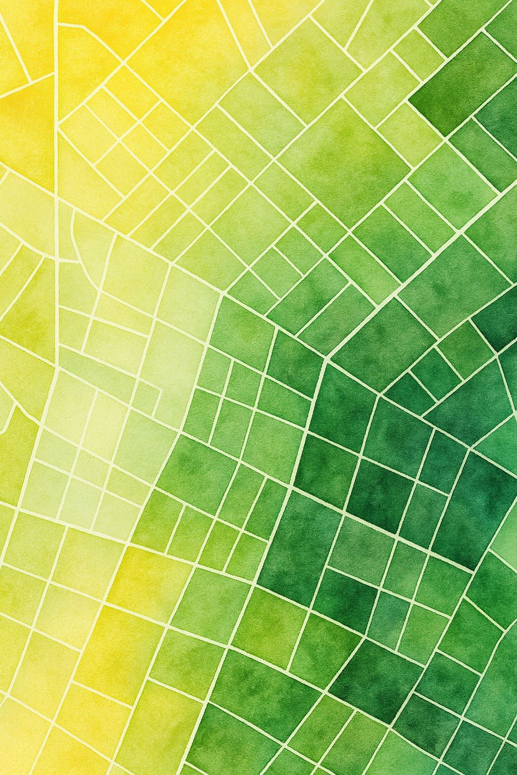 A watercolour parcel map: lot boundaries in a street grid, washing from yellow through spring green to deep green