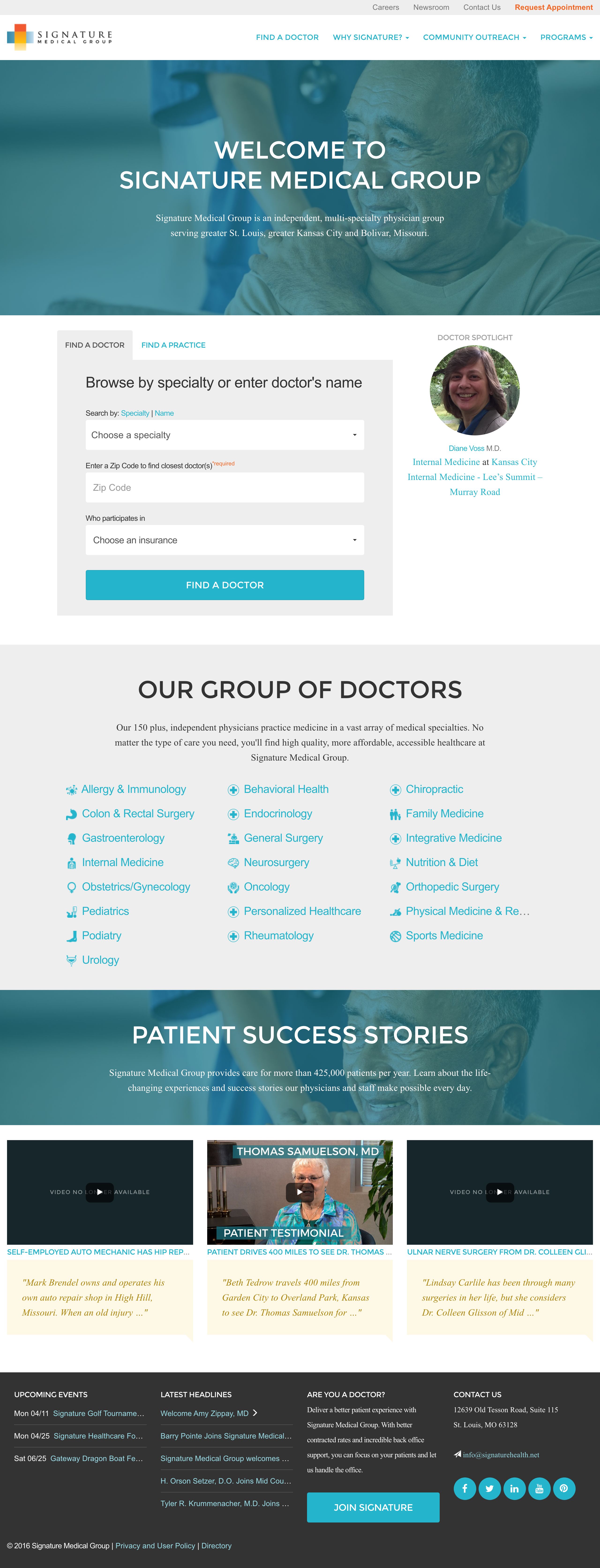The rebuilt Signature Medical Group homepage: the masthead and Find a Doctor navigation above a photographic hero of a patient with a clinician