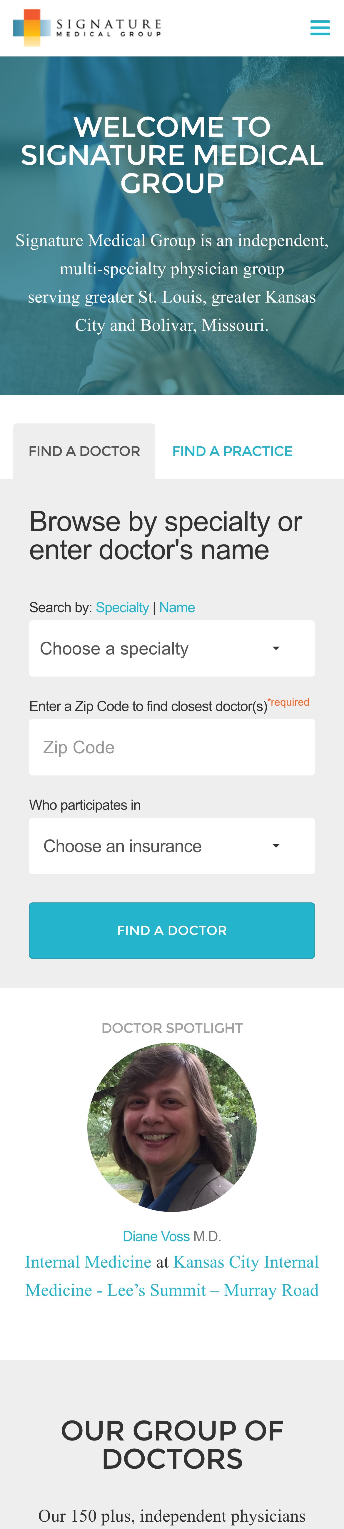 The same homepage at a phone viewport: the masthead photograph under its teal scrim, no background video, navigation collapsed to a menu button
