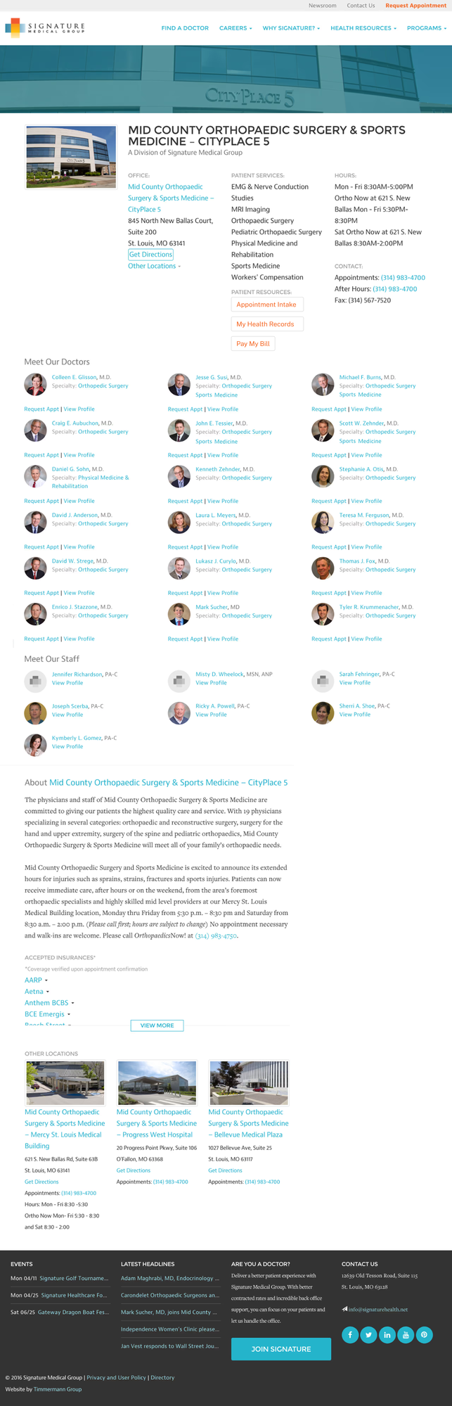 The Mid County Orthopaedic practice page: the building photograph banded across the top under a teal scrim, then the practice name above A Division of Signature Medical Group, with office, patient services and hours in three columns, a nineteen-physician roster with headshots, staff, an about section, accepted insurances and three other locations