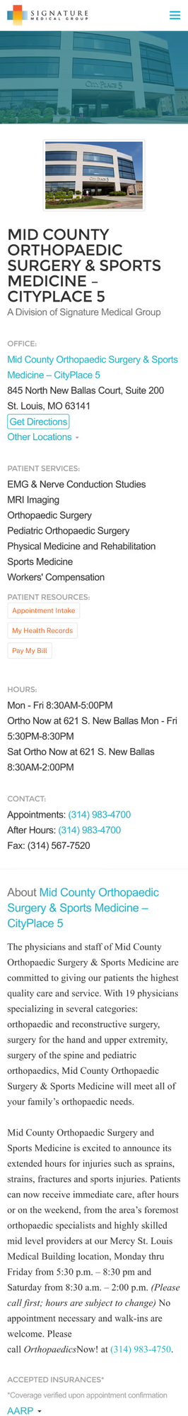 The Mid County Orthopaedic practice page at a phone viewport: building banner, practice name, office, services, resources, hours and contact stacked in one column