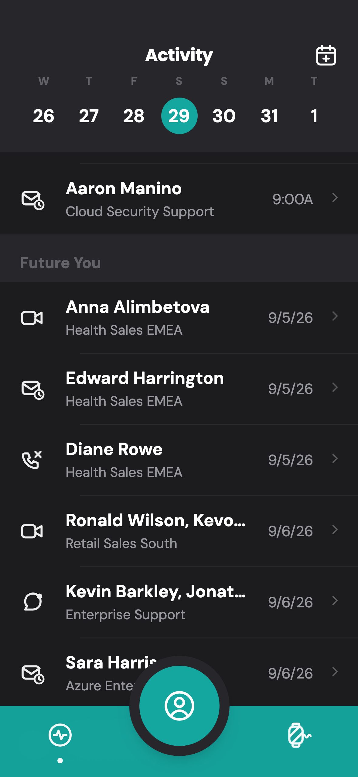 The same list scrolled to a Future You section, where scheduled video, email and calls sit under dates a week out, still tagged by account.