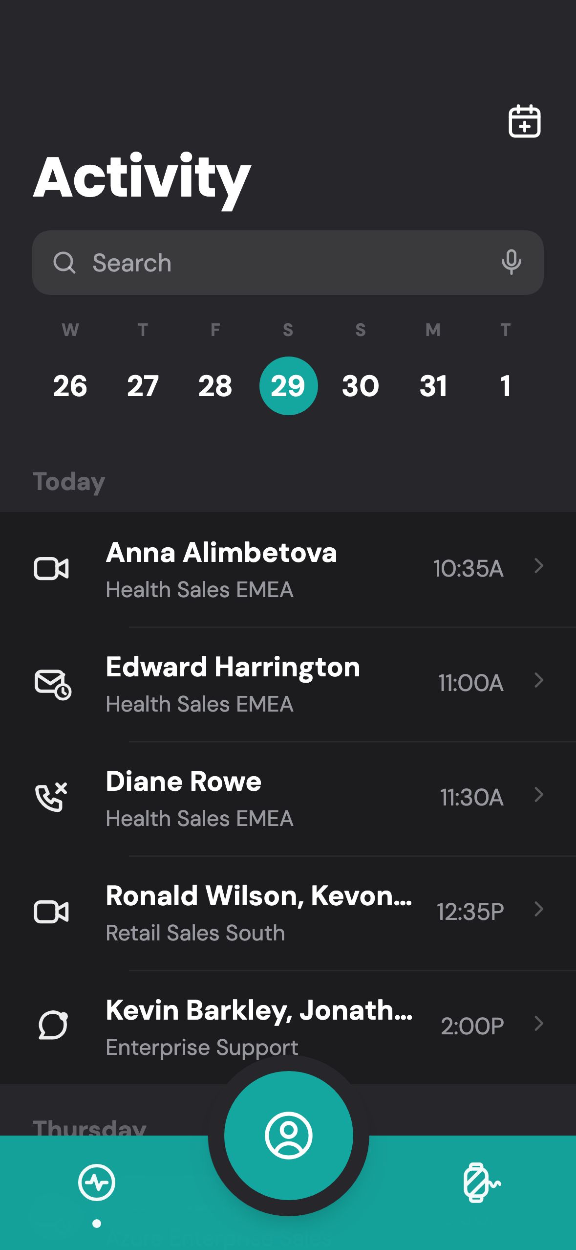 Activity home: a week strip with the 22nd selected, then today: Anna Alimbetova video 10:35A, Edward Harrington mail 11:00A, Diane Rowe missed call 11:30A, Ronald Wilson video, Kevin Barkley chat, each row tagged with its account.
