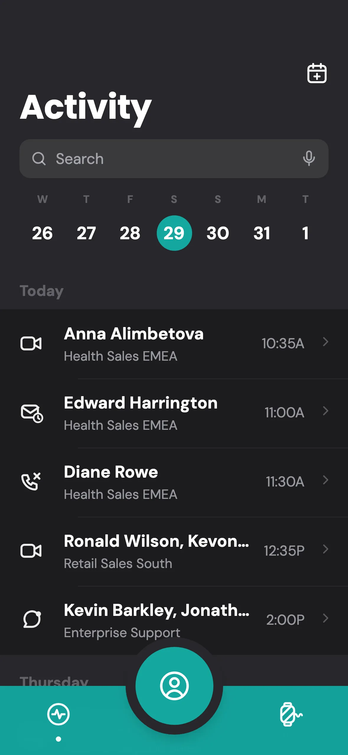 Inicio de Activity: una franja semanal con el día 22 seleccionado y luego el día de hoy: Anna Alimbetova video 10:35A, Edward Harrington correo 11:00A, Diane Rowe llamada perdida 11:30A, Ronald Wilson video, Kevin Barkley chat, cada fila etiquetada con su cuenta. Mi diseño de la app móvil, rehecho en 2020 con un nombre nuevo, HMU. Esta versión no usa el enrutamiento patentado.