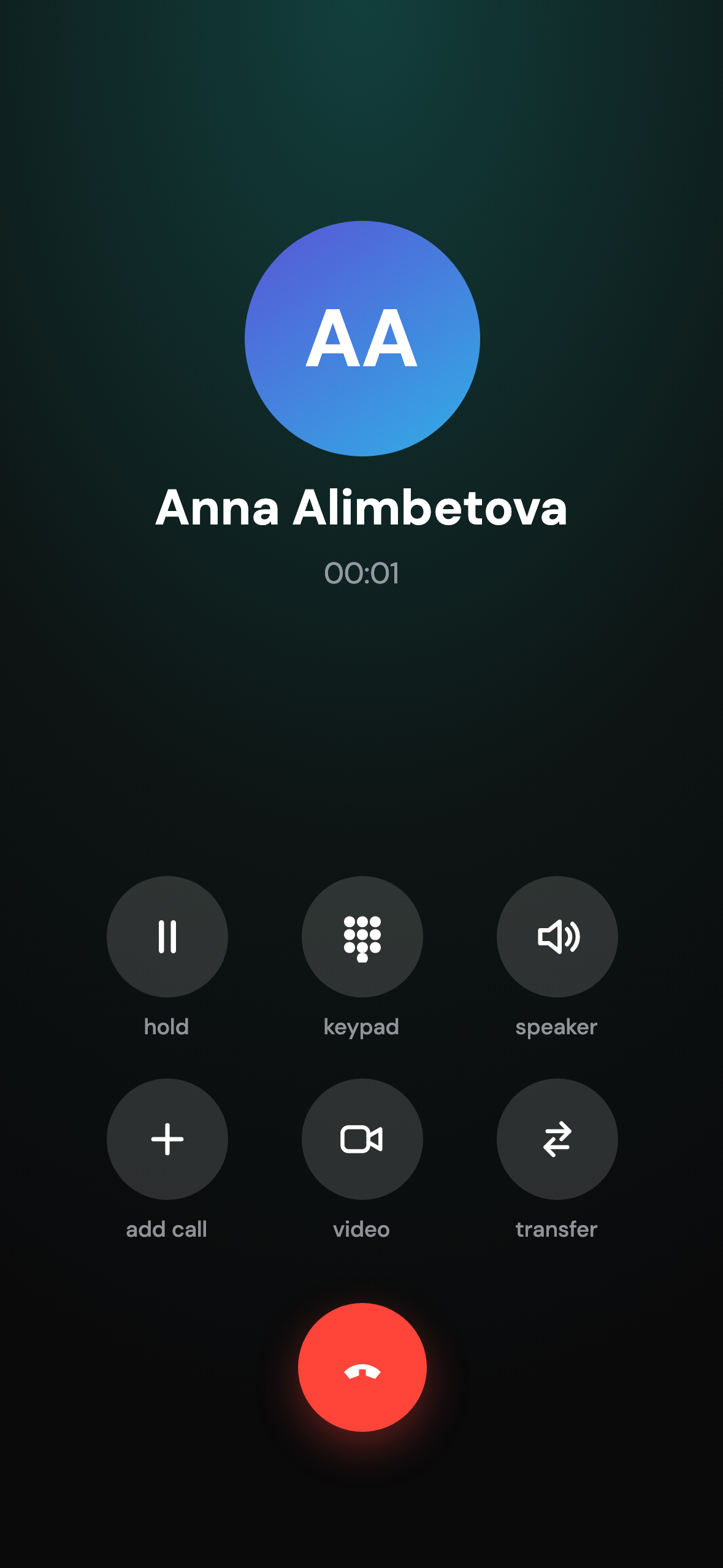 A row in the day’s list opens a contact; tapping call raises a popover of two numbers; picking Health Sales EMEA starts the call, the timer runs, speaker goes on, and the call ends back on the contact.