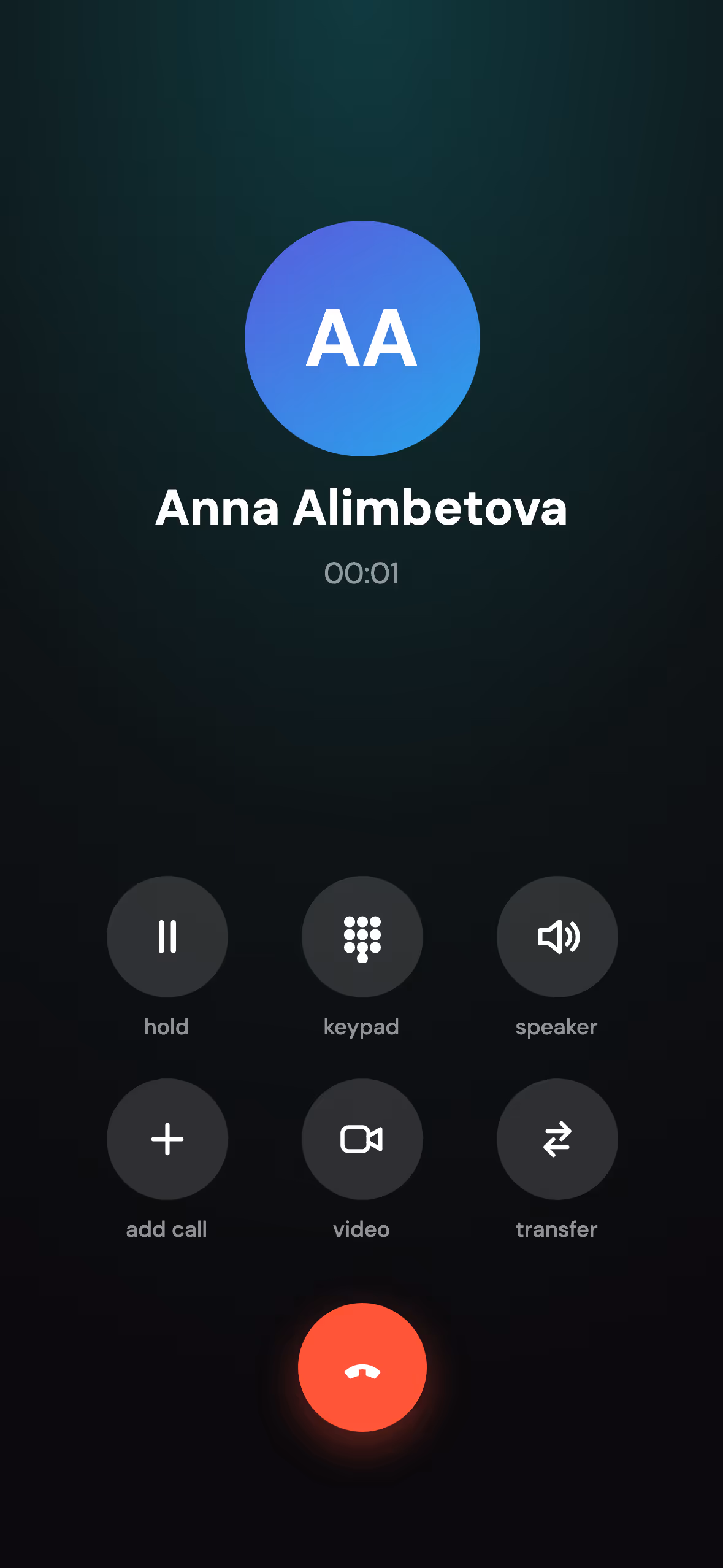 Una fila de la lista del día abre un contacto; al tocar llamar aparece un menú con dos números; al elegir Health Sales EMEA empieza la llamada, corre el temporizador, se activa el altavoz y la llamada termina de vuelta en el contacto. Mi diseño de la app móvil, rehecho en 2020 con un nombre nuevo, HMU. Esta versión no usa el enrutamiento patentado.