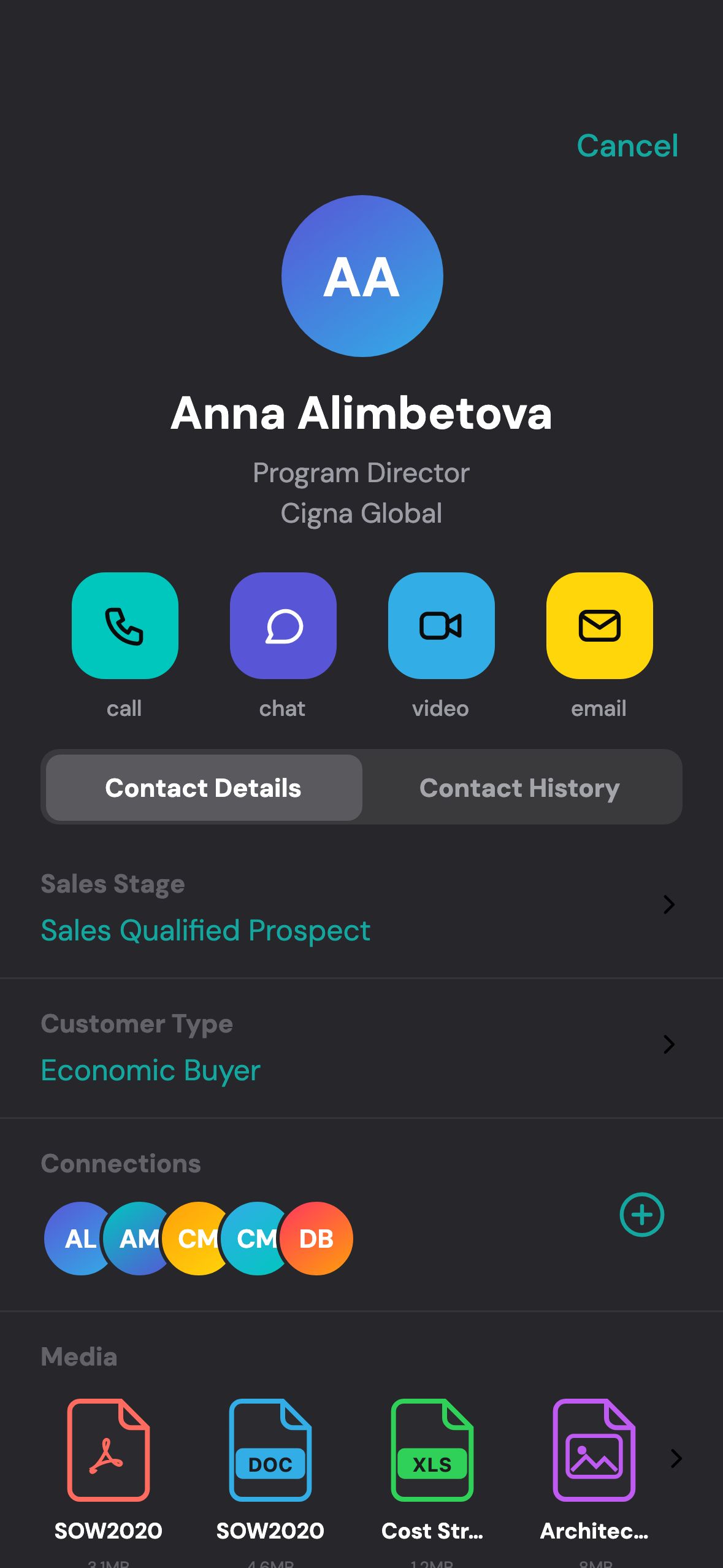 Contact screen for Anna Alimbetova, Program Director at Cigna Global: call, chat, video and email buttons, then Sales Stage “Sales Qualified Prospect”, Customer Type “Economic Buyer”, connection avatars and attached SOW files.