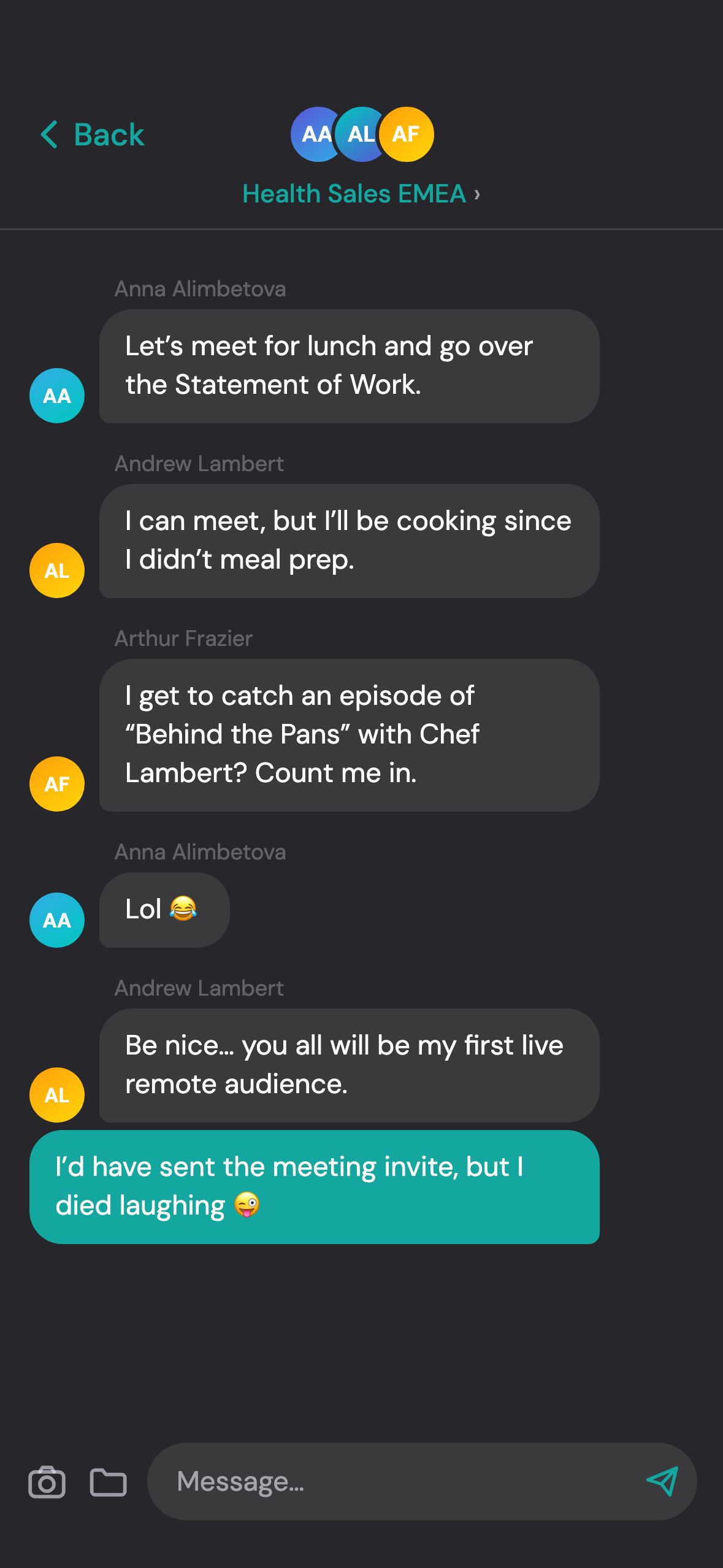 Group chat under the Enterprise Support thread, three avatars in the header: messages from Anna Alimbetova, Andrew Lambert and Arthur Frazier arranging to meet over a statement of work, the agent’s own reply in teal.