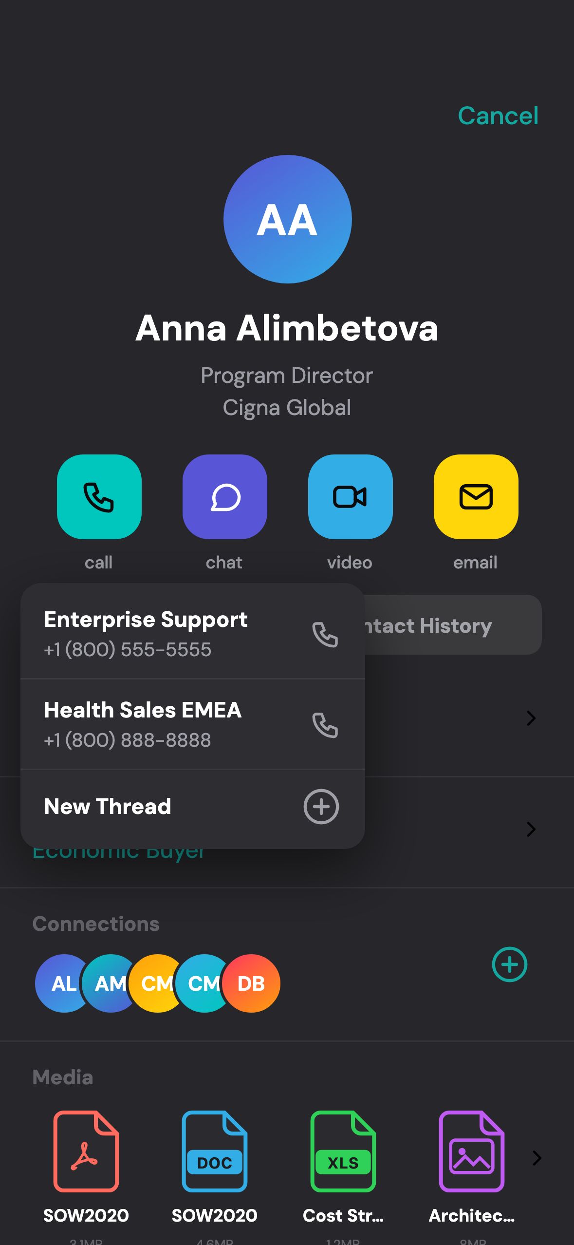 Tapping call on Anna’s contact opens a popover offering Enterprise Support +1 (800) 555-5555, Health Sales EMEA +1 (800) 888-8888, or New Thread, over her connections and attached files.