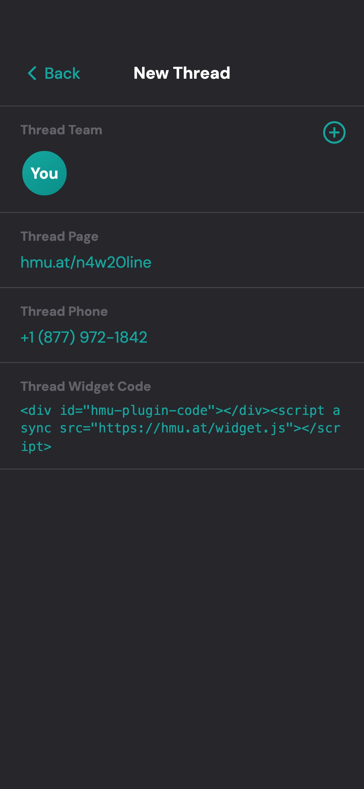 New Thread screen with only “You” on the team: Thread Page hmu.at/n4w2Oline, Thread Phone +1 (877) 972-1842 and a widget snippet, all issued before the thread has a single contact.