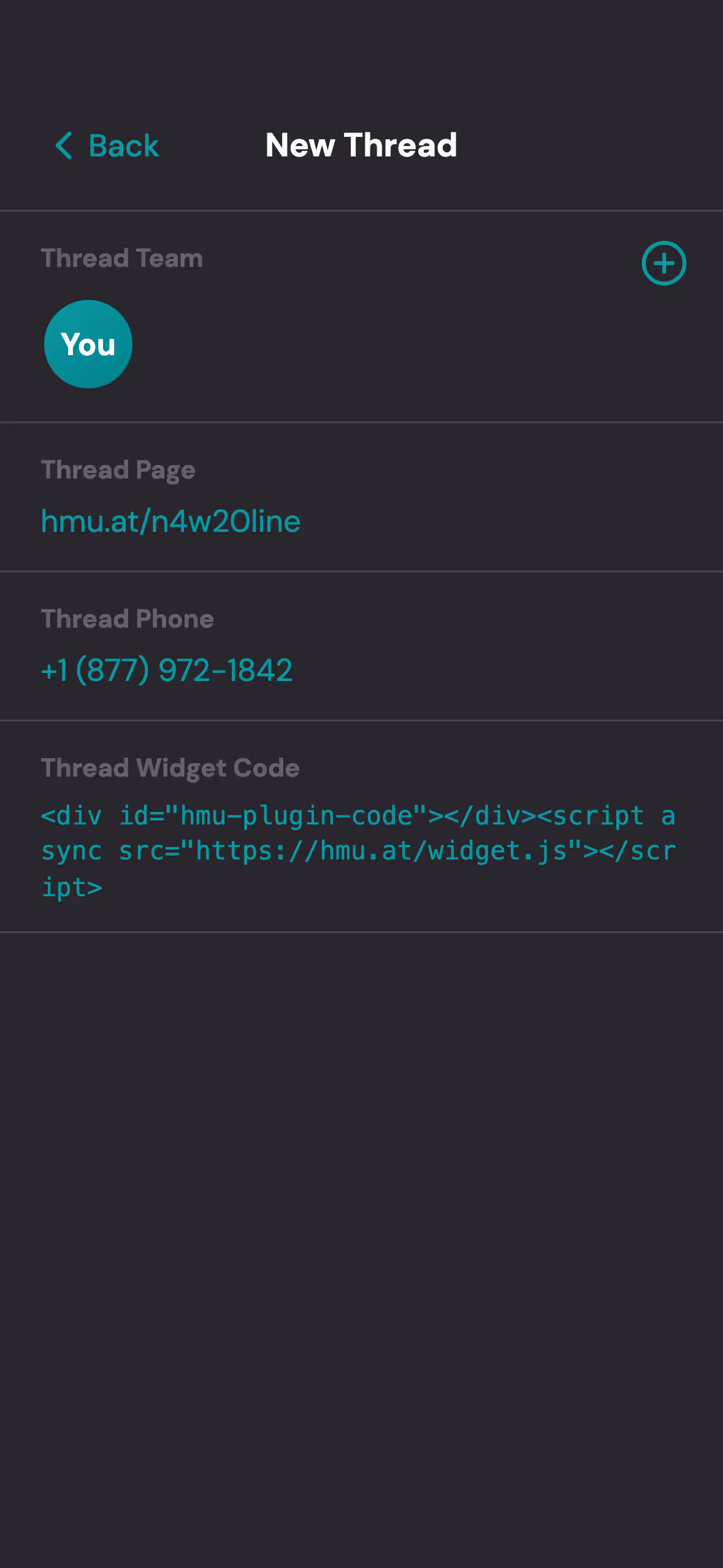El signo más de la lista Threads crea un hilo con solo You en el equipo, que ya tiene asignado un enlace corto, un número de teléfono y una etiqueta script; al tocar el enlace se copia.